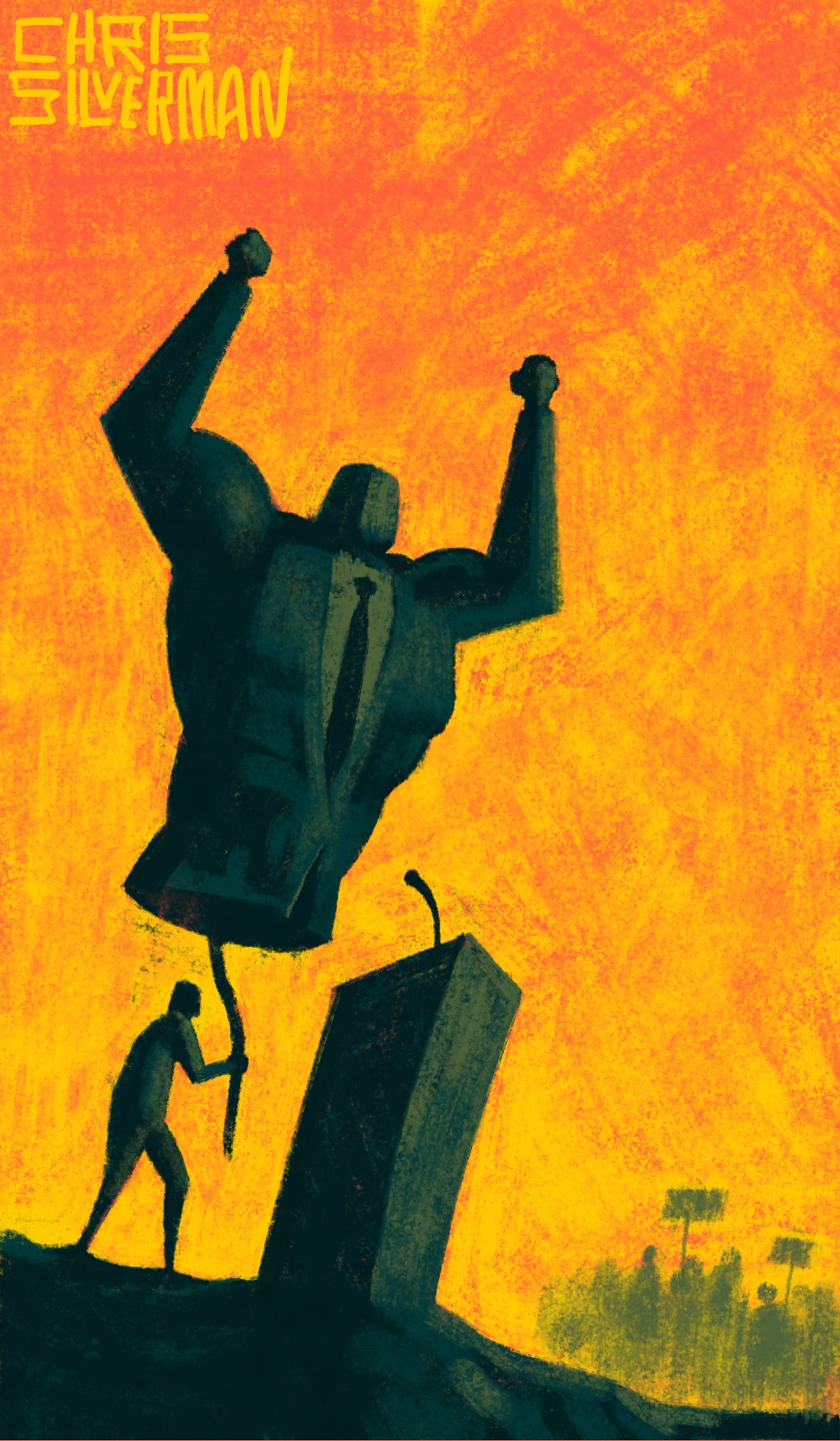 An outrageously muscular, imposing figure looms behind a podium, under a red-orange sky, both arms in the air as though giving an impassioned speech. The figure wears a dark suit and tie. To the right, farther back, is a crowd, some of whom are holding signs. It's not possible to make out anything on the signs. What the crowd can't see is that the figure in front of the podium ends at the waist down. Beneath it, holding it up on a rod, is the puppeteer: a much smaller figure hiding behind the podium. The painting is signed "Chris Silverman".