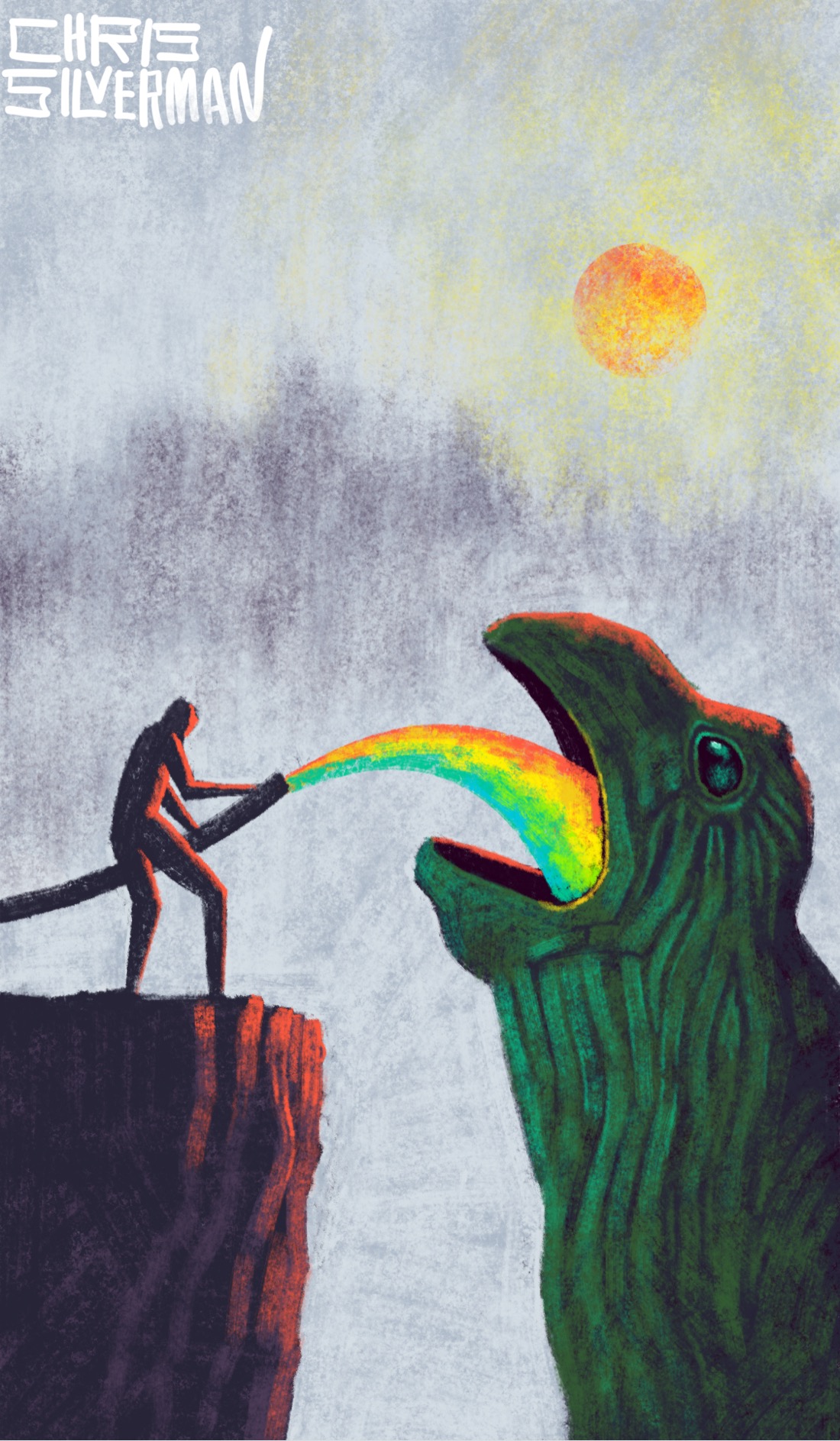 A person stands on the edge of a craggy cliff, holding a large hose. Pouring from the hose is an arc of rainbow liquid, straight into the mouth of a huge greenish creature. The creature is on the right of the painting, looming up in front of the cliff. It resembles a tyrannosaur, with thick, striated skin that looks almost like tree bark, and a shiny iridescent-green eye. In the background, a hazy red sun sits in a hazy gray sky above a blurry treeline. The sun is casting a reddish light on the person, the cliff, and the creature. The painting is signed "Chris Silverman".