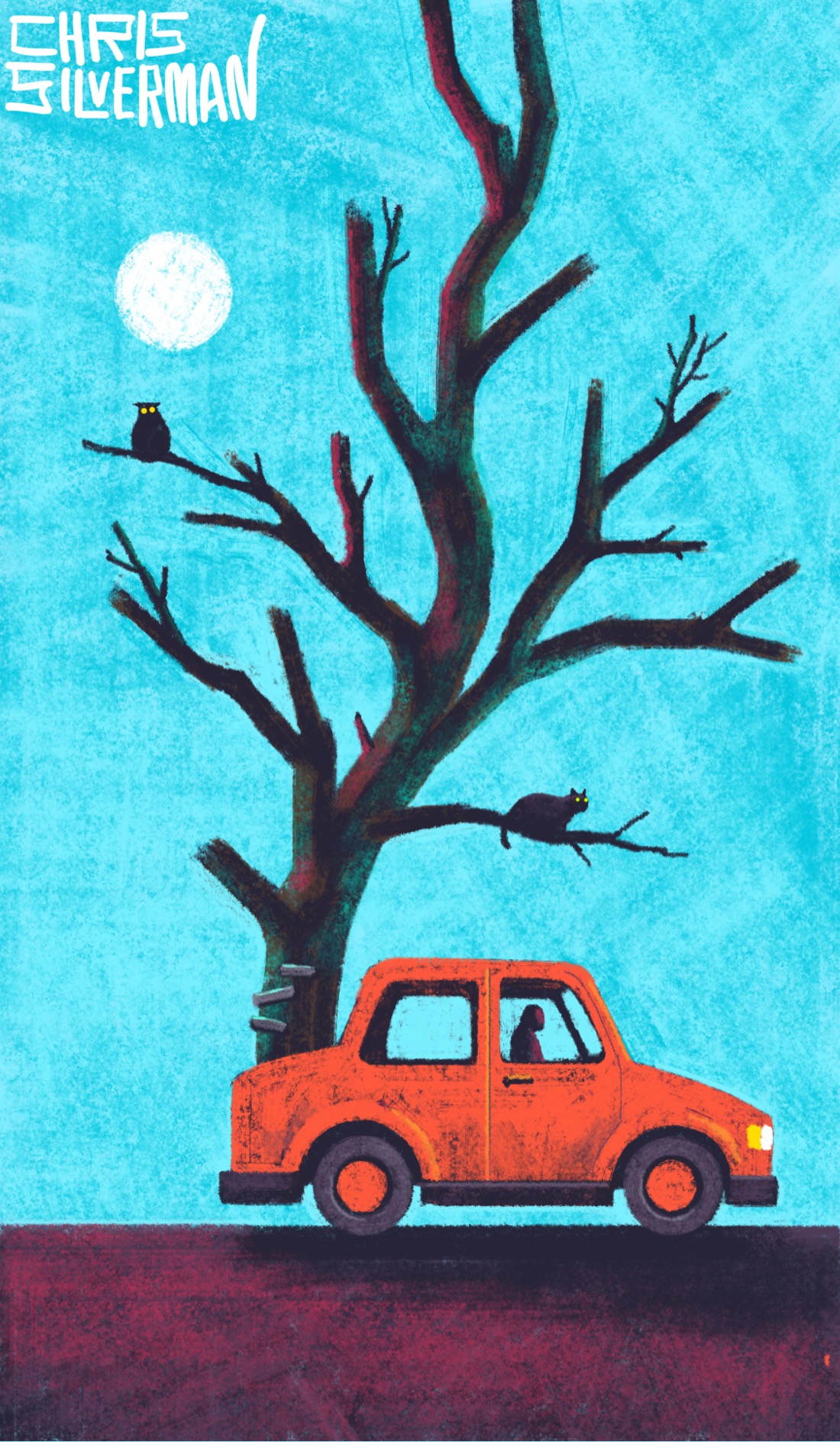 A small orange car drives in a barren place that is just a flat grayish road and a blue sky that could be either day or evening. In the top left of the sky is a round white object  that is either the sun or a full moon. Dominating the scene is the vast, leafless hulk of a tree trunk, rising out of the car's rear trunk. The trunk has tinges of red and green, suggesting lichen. The tree rises all the way up to the top of the painting, and has many branches. Sitting on one of the lowest branches, overhanging the top of the car, is a black cat. In one of the upper leftmost branches sits an owl with yellow eyes. Hammered into the base of the trunk are three wooden steps, the kind you might have for a treehouse. The painting is signed "Chris Silverman".