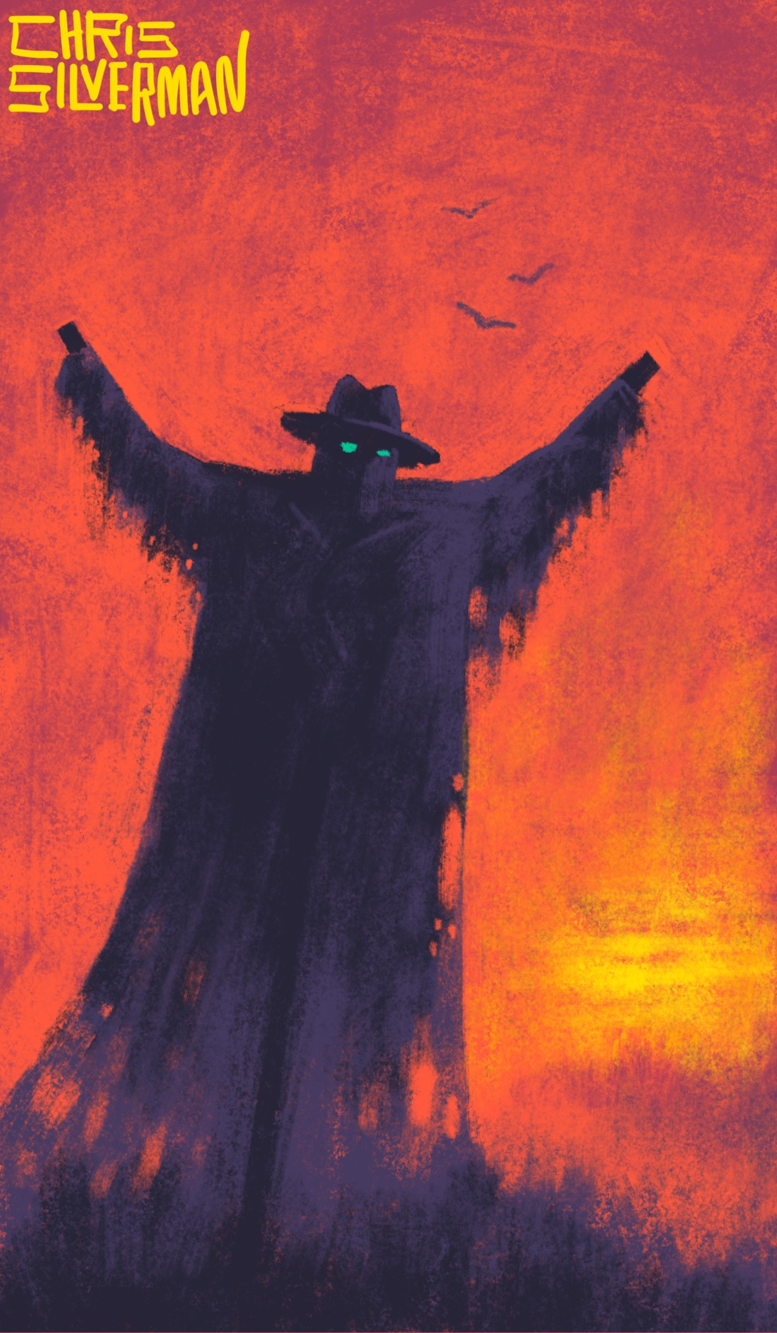 A scarecrow stands silhouetted in black and dark purple against a red sunset sky. In the lower right is the yellow blaze of the setting sun, filtering through clouds. The scarecrow is wearing a hat and a long coat or cape that extends to the ground. The cape is ragged and riddled with holes. Green eyes glow under the brim of the scarecrow's hat. In the sky above are a few evidently scared crows. The painting is signed "Chris Silverman".