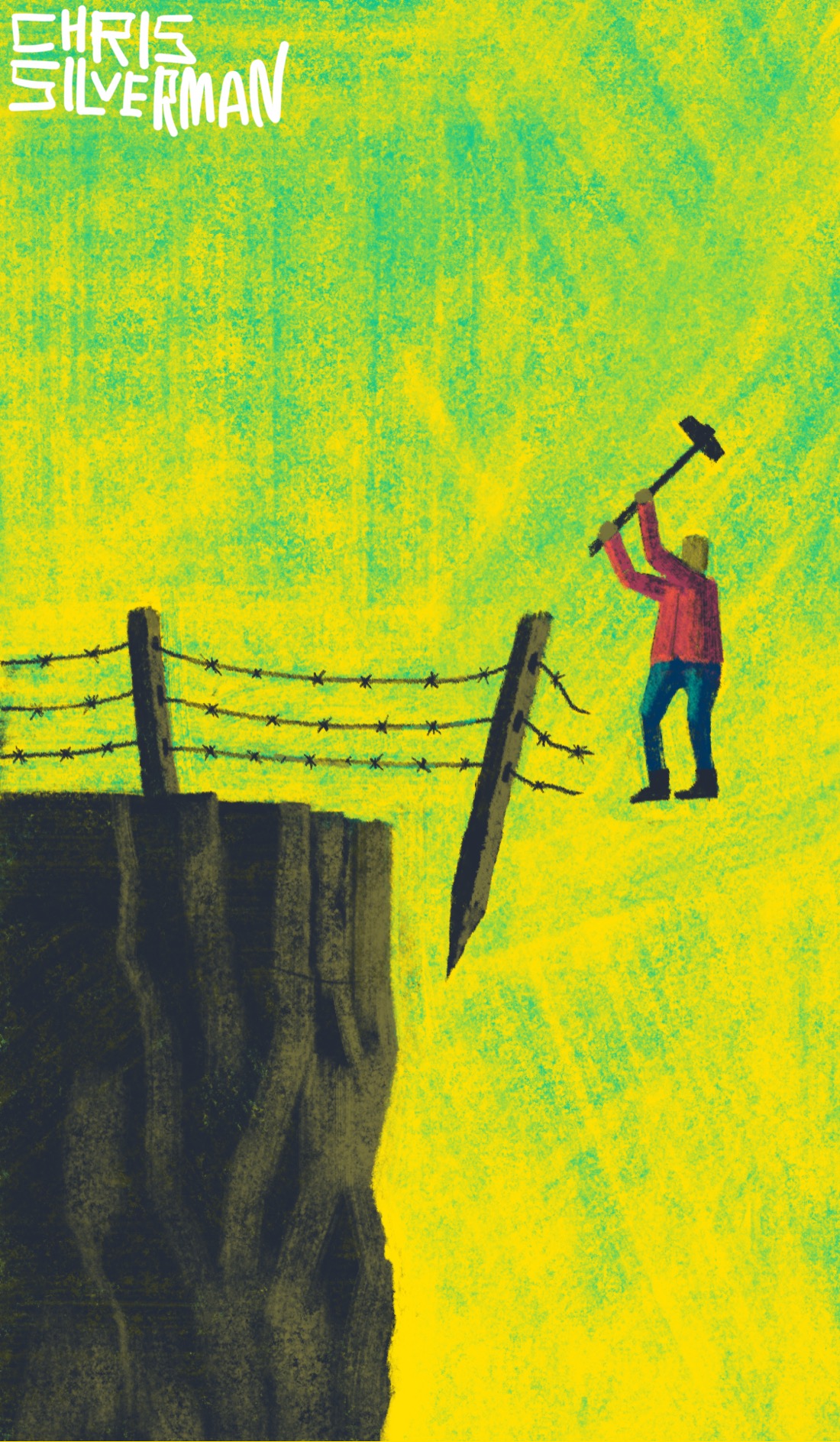 A person hammers in a fence post for a barbed wire fence. The unusual aspect is that both the post and the person are standing in empty space, several feet past the edge of a cliff on which the fence originates. The person wears blue jeans and a reddish shirt. The sky is a greenish-yellow. Gravity is relative. The painting is signed "Chris Silverman".