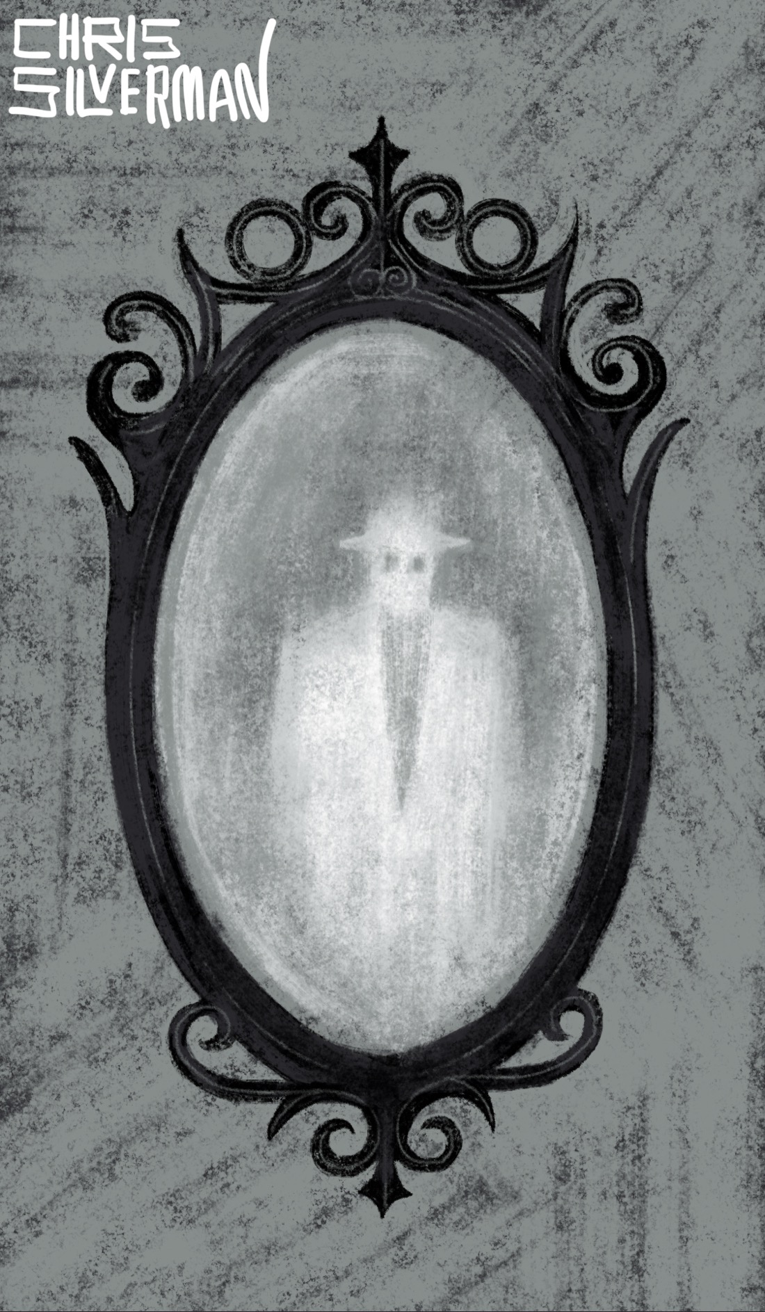 A mirror with an ornate black frame hangs on a gray wall. The frame has numerous flourishes and curlicues at the top and bottom. In the gray glass of the mirror is a blurry white figure of a person wearing a suit and hat. All that is visible of the person's face are two hollow dark eyes. The painting is signed "Chris Silverman".