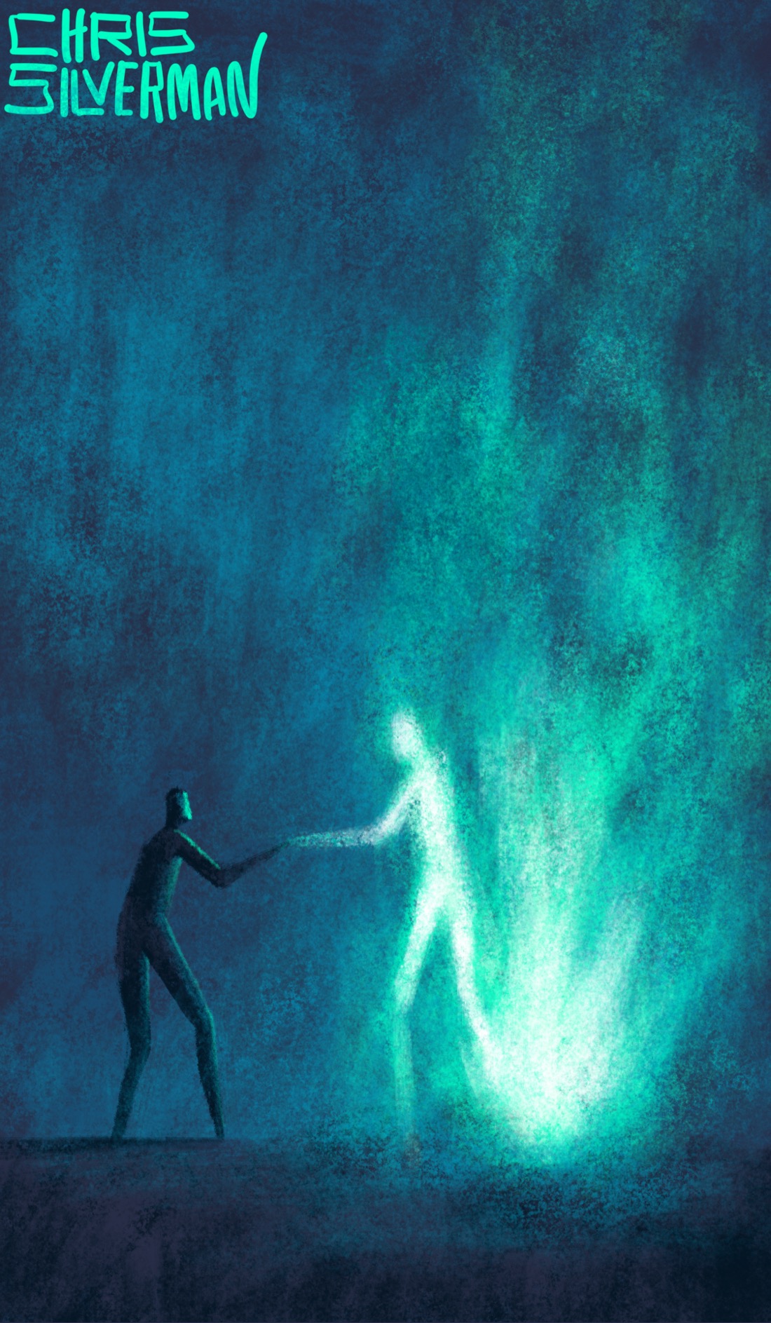 A dark night in a barren place. On the right, a blaze of green fire casts a glow stretching up to the sky. Stepping from the fire is a figure, also made of green fire. It is clasping hands with a dark, slightly shorter figure standing to the left of the fire. The painting is signed "Chris Silverman".