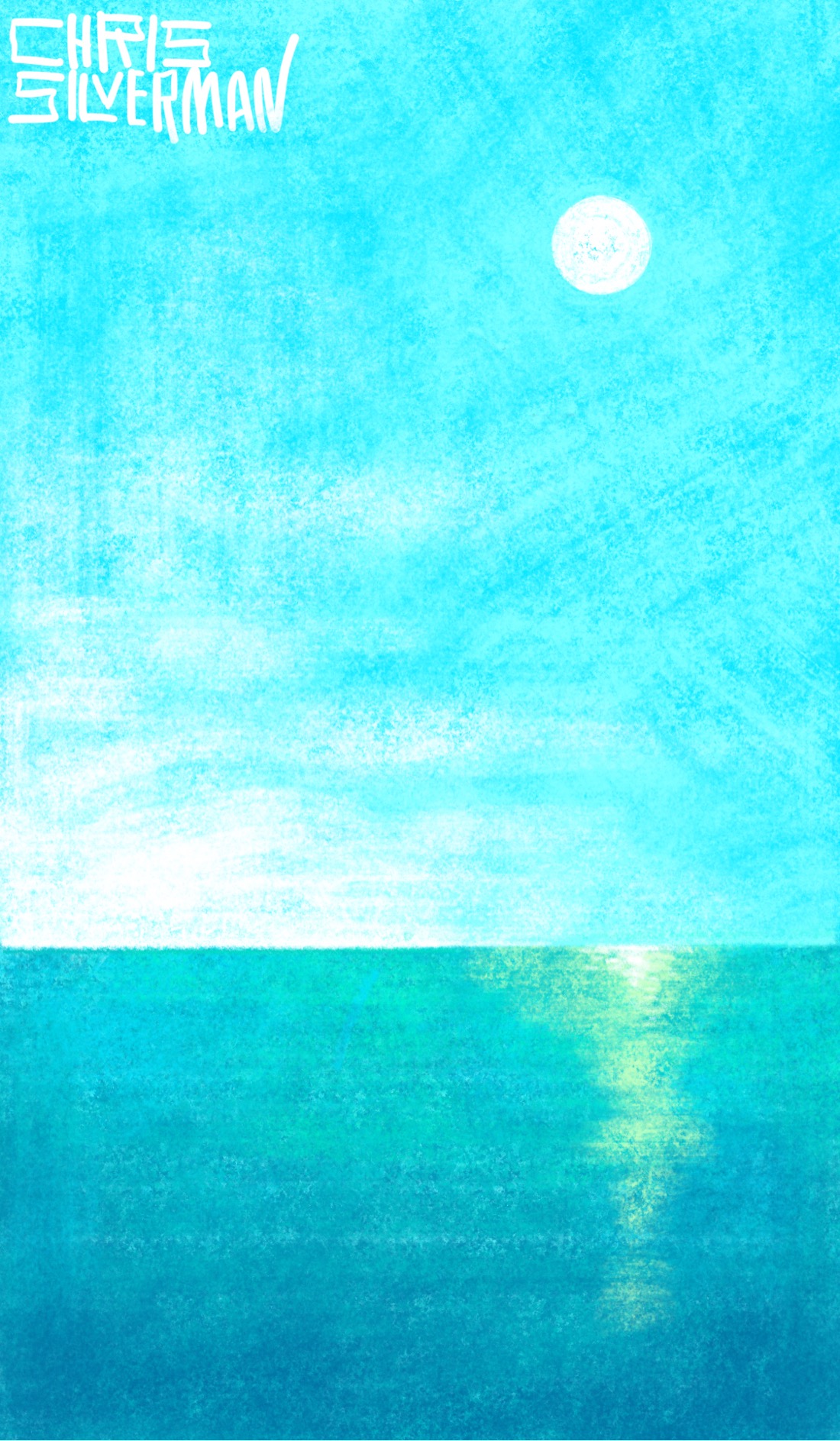 A wide blue open sea under a wide blue open sky. In the left of the sky, on the horizon, are some white clouds. A white sun sits in the top right of the sky. A blue-green stripe of light reflects off the water. This would be a lovely scene for sure if it wasn't portraying a place that used to have icebergs. The painting is signed "Chris Silverman".