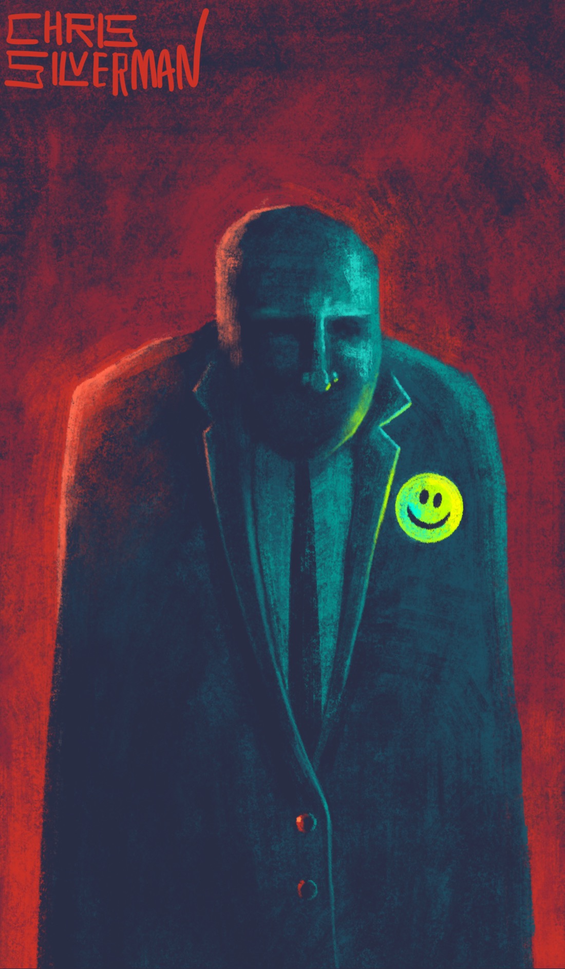 A large, stone-faced figure with a shaved head and dark overcoat and tie stands in a dark space, the background lit with a reddish glow. The figure's face is expressionless and lacking detail, like that of a sculpture or robot. The figure itself is illuminated by a greenish light that makes it look as if it is made of metal. On its left side is pinned a glowing, neon-yellow button with a smiley-face on it. The painting is signed "Chris Silverman".