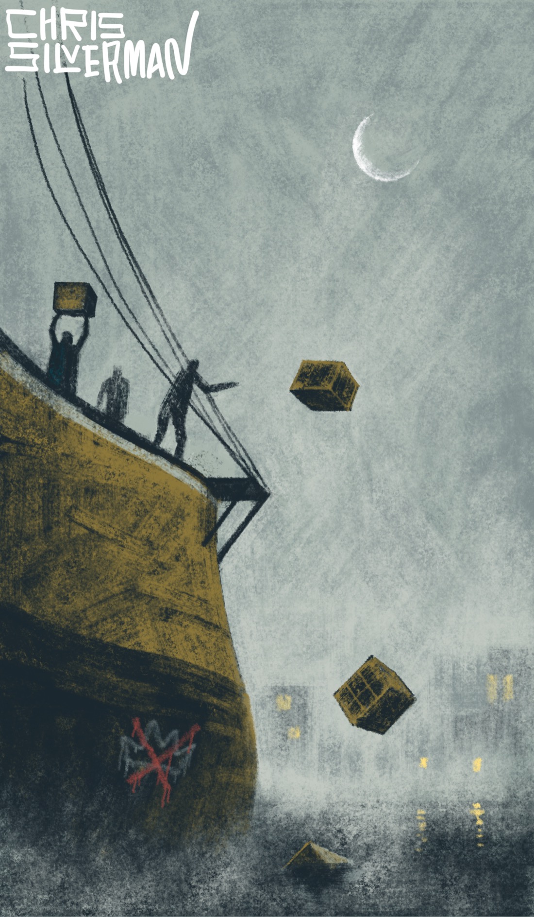 A gray, mostly cloudy winter night. The large black-and-gold hulk of a ship sits in Boston harbor under a dim white crescent moon. On deck, several dark figures are having a tea party, at least in the historical sense: they are hurling large wooden crates of cargo into the water. Spray-painted on the hull of the ship is a more contemporary symbol: a rudimentary sketch of a crown in white paint, with a red X over it. Fog hovers over the water. In the distance, the gray outline of Boston is visible, punctuated by a few yellow lights. The painting is signed “Chris Silverman”.