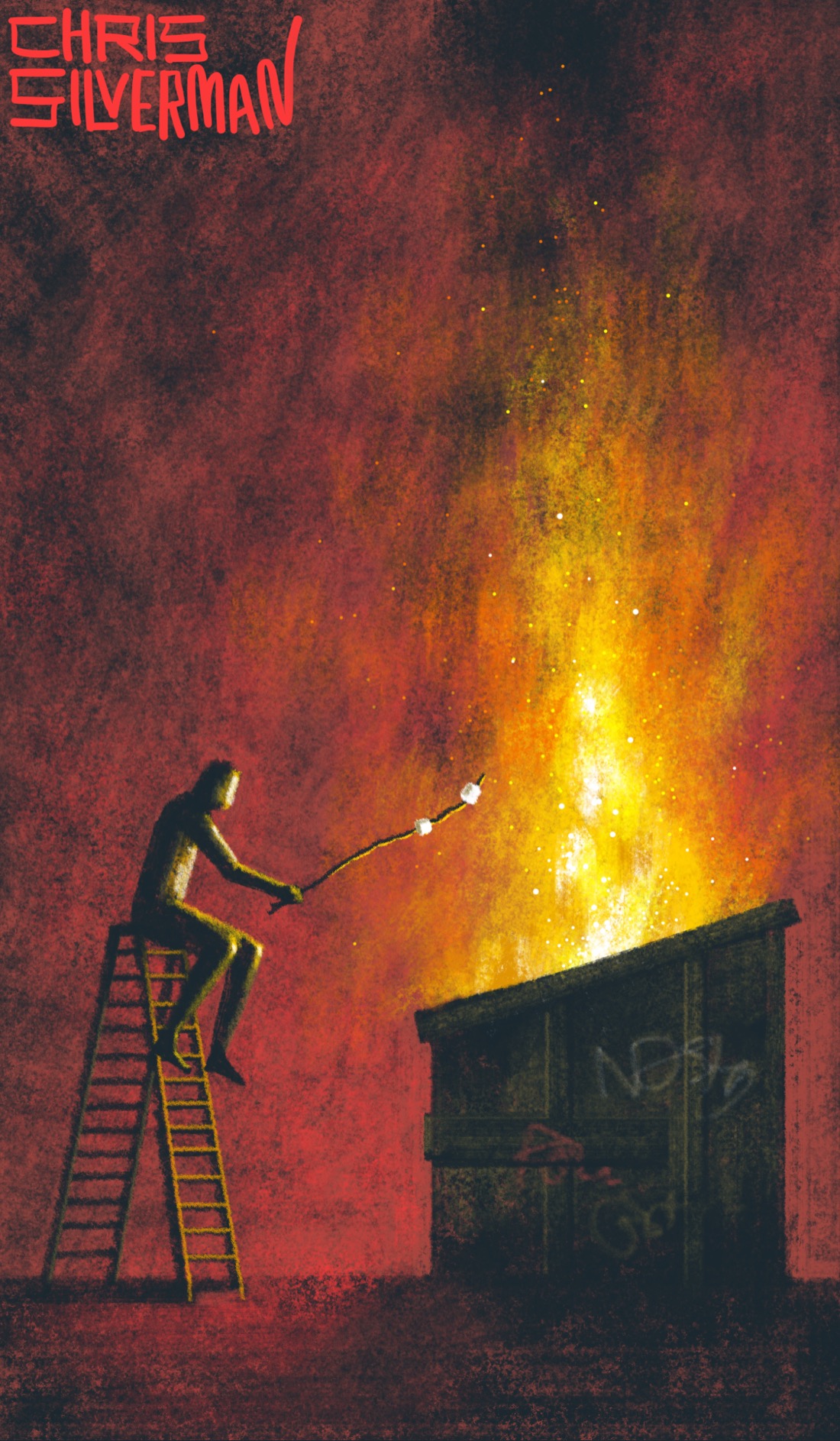 A dark night, lit red with flames pouring out of a rusty, graffiti-covered dumpster. The yellow inferno towers above the dumpster, spitting smoke and sparks into the sky. Sitting to the left of the dumpster on a small ladder, holding two marshmallows above the flames on a stick, is a person. The painting is signed "Chris Silverman".