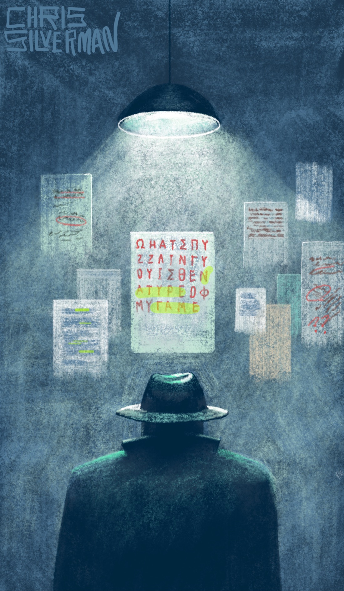 A dark, grim room illuminated with bleak greenish light by a single lamp hanging from the ceiling. Standing in the middle of the room, back to the viewer, is a detective wearing a dark suit and a hat. The detective is staring at a wall, on which are haphazardly taped various sheets of paper with text and handwriting on them. The papers show frenetic scribbles surrounded by red circles, annotations, and yellow highlighter markings. None of this text is legible except for that which is printed in red, on the largest sheet of paper. That text has the characters ΩΗΑΤΣΠΥΖΖΛΙΝΓΥΟΥΙΣΤΗΕΝΑΤΥΡΕΟΦΜΥΓΑΜΕ. The painting is signed “Chris Silverman”.