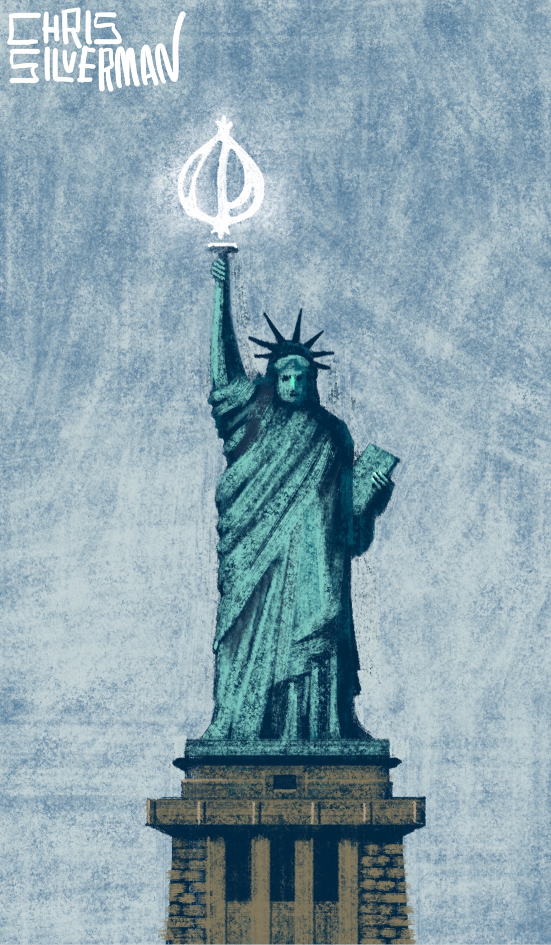 The Statue of Liberty, an enormous green metal statue of a woman wearing a robe and carrying a book and torch, stands against a gray sky. The statue stands on a brown stone base. In place of a torch, it is holding up a glowing white logo for the satirical publication The Onion. Quoting Thomas More, “The devil...the proud spirit...cannot endure to be mocked.” The painting is signed “Chris Silverman”.