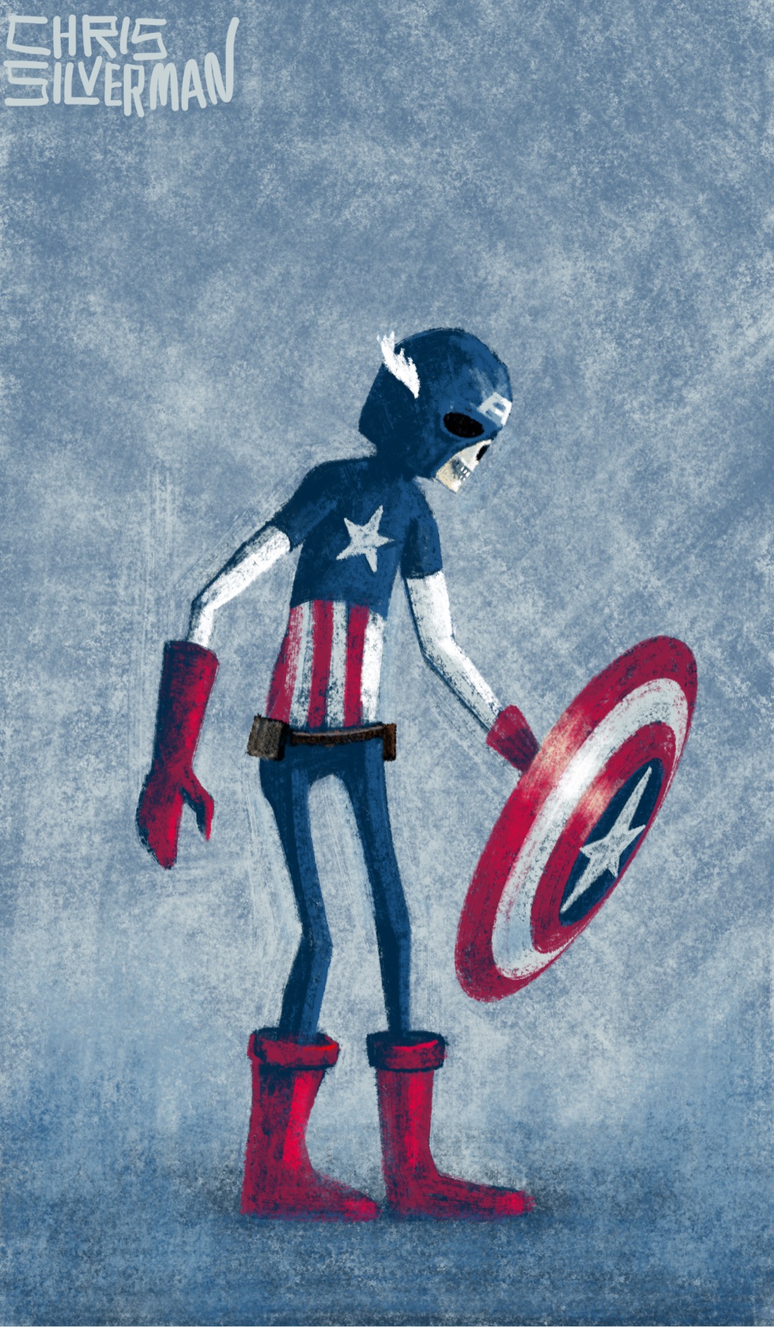 The mighty Captain America, resplendent in a blue suit with patriotic red and white stripes and a white star on the front. Captain America is, unfortunately, a skeletal figure, emaciated and hollow. His red boots and gloves are too large, and he seems barely able to hold his circular shield with the red and white stripes, a white star on a blue circle in the center. He stands in a gray, listless space, alone. The painting is signed "Chris Silverman".