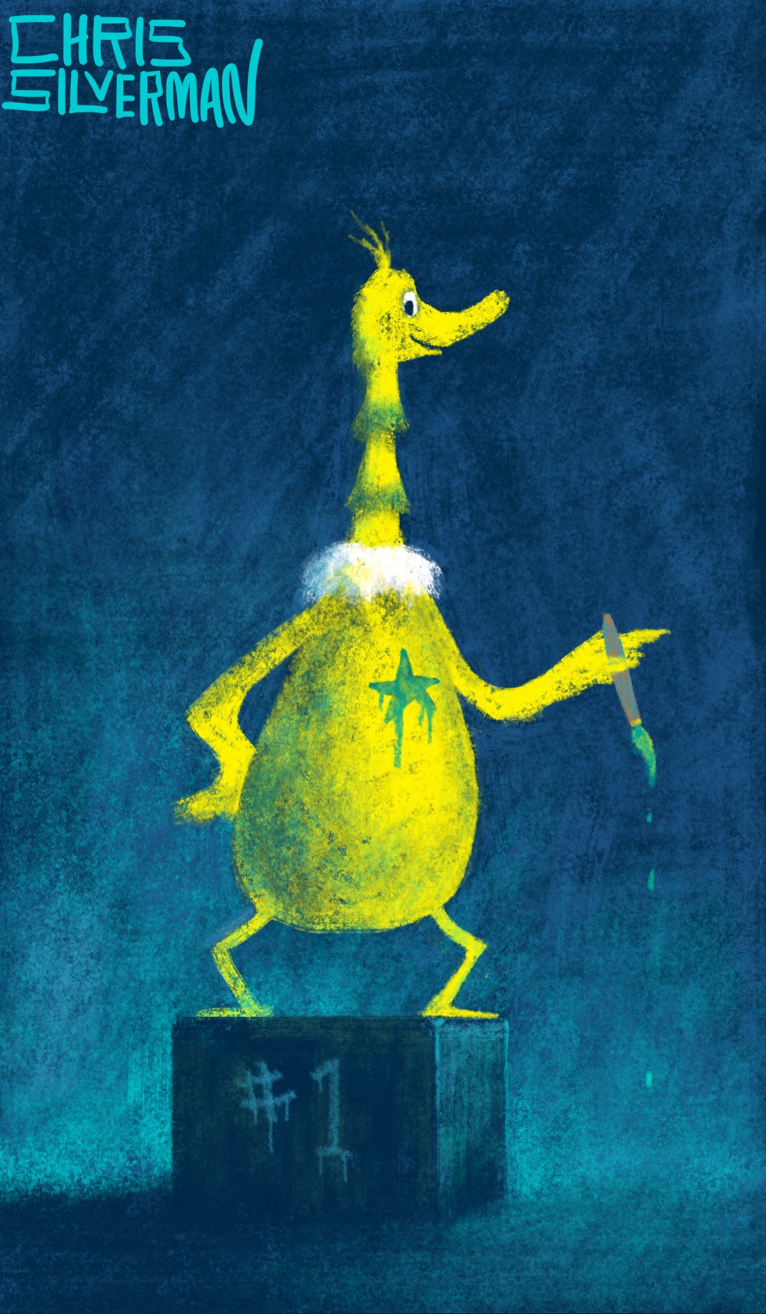 A bright yellow bird the approximate shape of a bowling pin—wide lower body, tall thin neck—stands on a boxy pedestal in a dark blue space. The bird has wispy plumage, two short, armlike wings, and stripes on its neck. Someone familiar with the work of Dr Seuss would recognize this bird as a Sneetch—and sure enough, it's got a green star on its chest. The star is crudely painted on, the paint dripping, and the bird is still holding the brush. In a similarly crude fashion, the label "# 1" is painted on the front of the pedestal. The painting is signed "Chris Silverman".