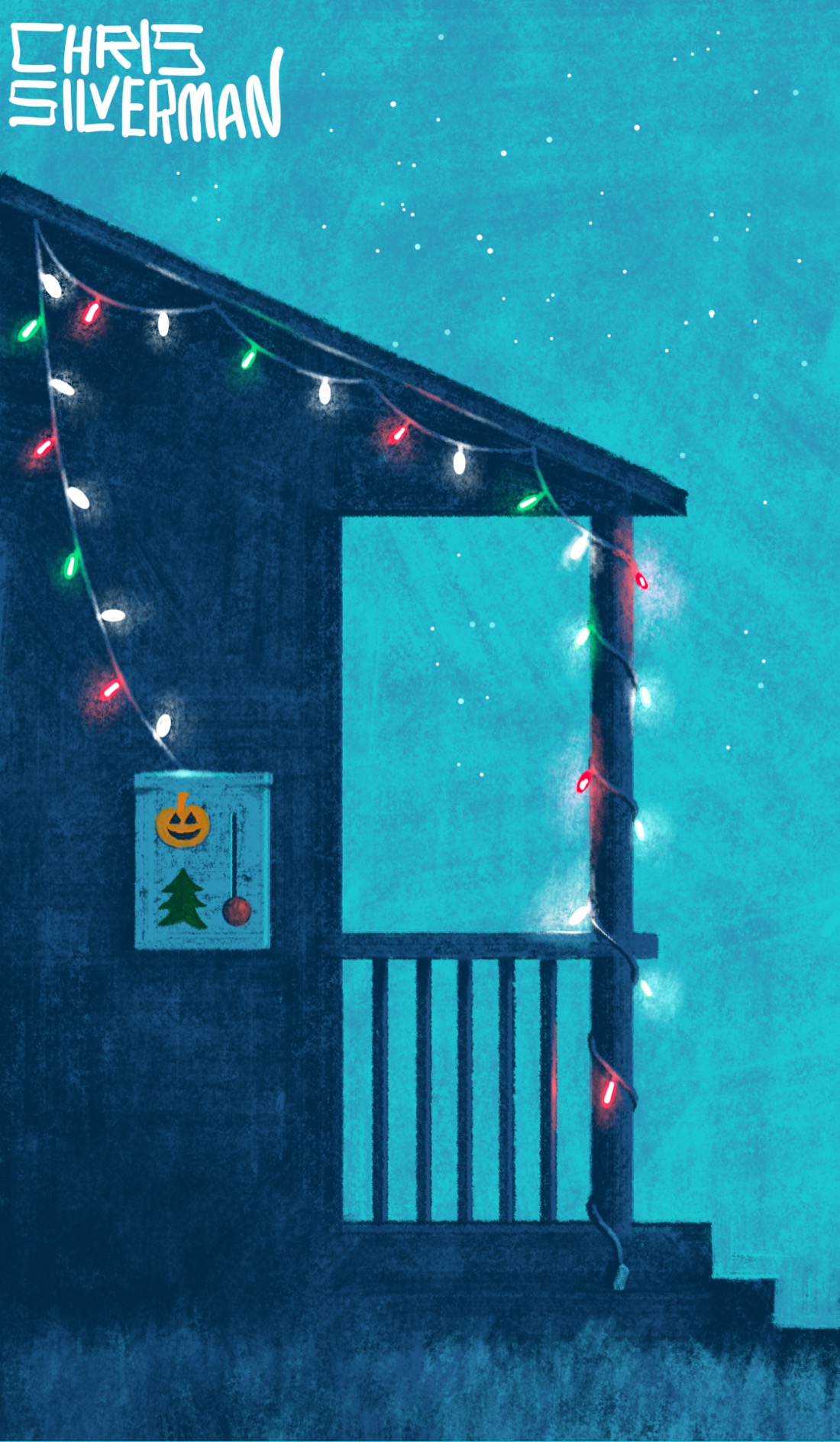 The side of a house at night. The roof and porch column are decorated with red, white, and green holiday lights. The lights are connected to a small grayish box on the side of the house. The box has two icons, one of a Halloween pumpkin and one of a Christmas tree. It also has a large switch next to the icons. The switch, which one can presume was set to the Halloween setting yesterday, is now in the Christmas tree position. The sky is blue and filled with stars. The painting is signed "Chris Silverman".