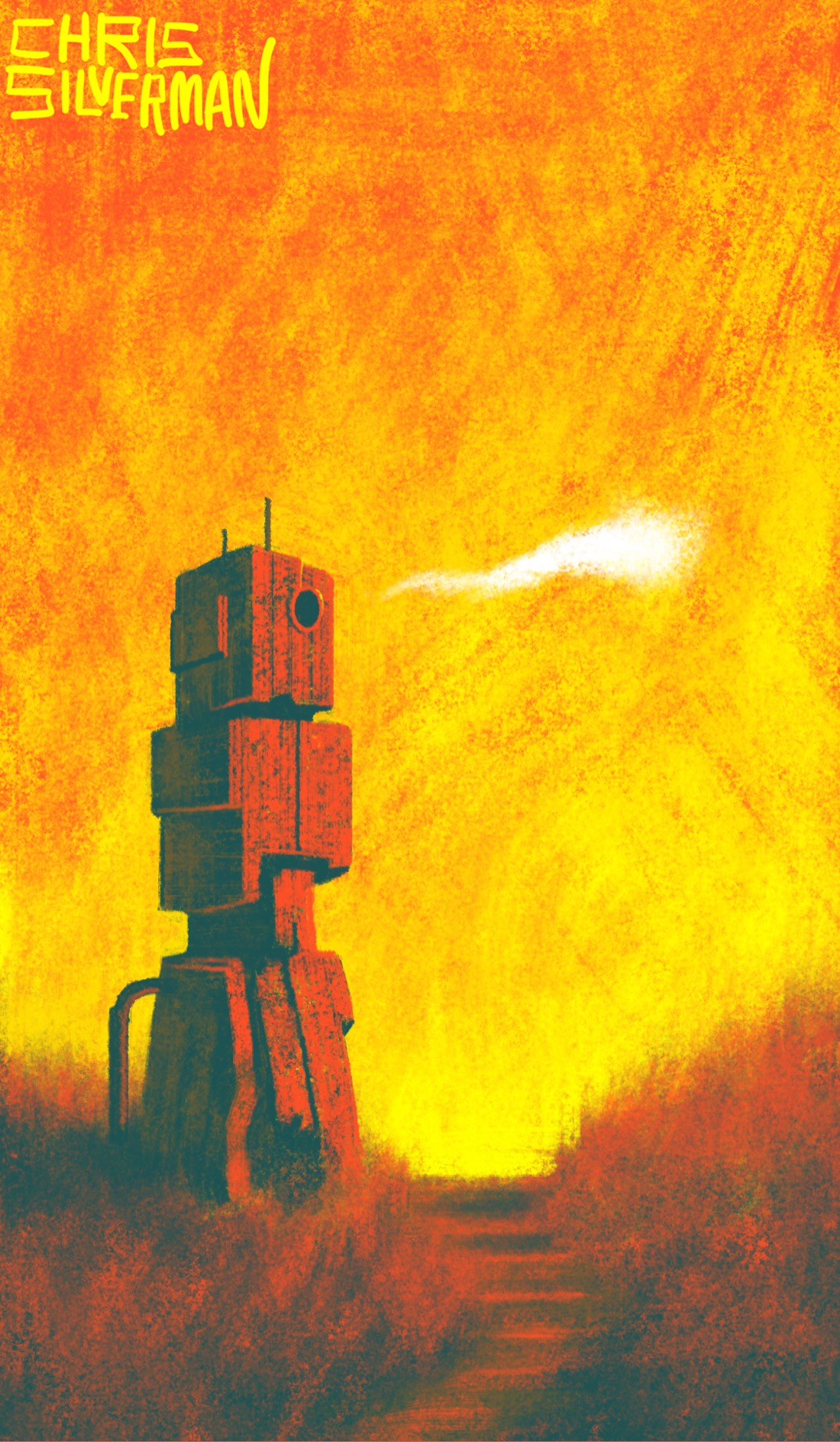 A grassy hill under a reddish-yellow sky. The entire scene is reddish. Winding down the hill is a small staircase. To the left of the staircase is a tall, unidentifiable object that looks like the remains of a robot or some sort of industrial machine. It is blocky, and has a dilapidated appearance. At the very top of it is a small, round hole. Hovering just beyond the hole is a white tadpole-shaped thing, perhaps a spirit that lives in the object. The painting is signed "Chris Silverman".