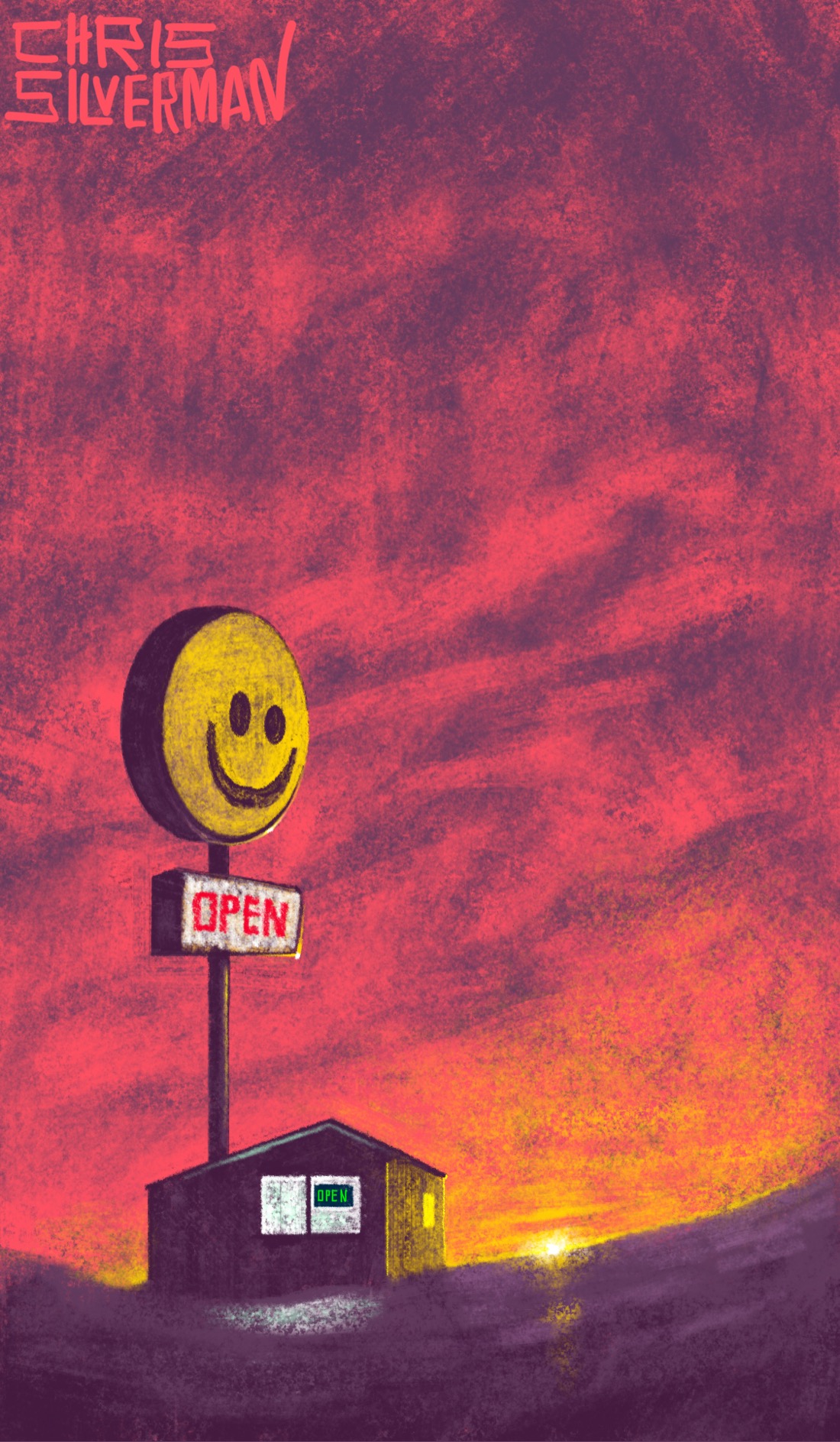 A crimson sunset, somewhere barren and snow-covered. The sun is a blazing yellow dot on a purple horizon, casting yellow light across the snow. To the left is a small shack that looks like a convenience store. It has a large window, the harsh white light reflecting off the snow, with a small sign that reads "open" in neon green letters. Towering over the shack is a large illuminated sign like something you'd see for a gas station. The sign has a glowing yellow smiley face at the top, and a smaller white sign that says "open" in red letters. The painting is signed "Chris Silverman".