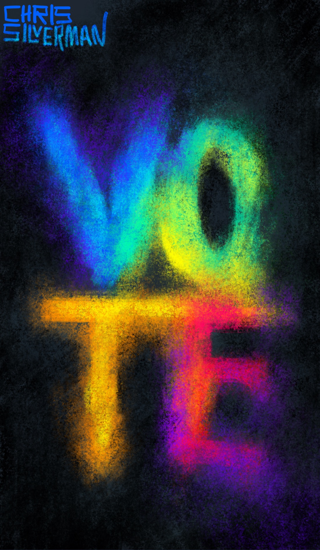 The word "Vote", in blazing, blurry rainbow colors on a black background. The painting is signed "Chris Silverman".