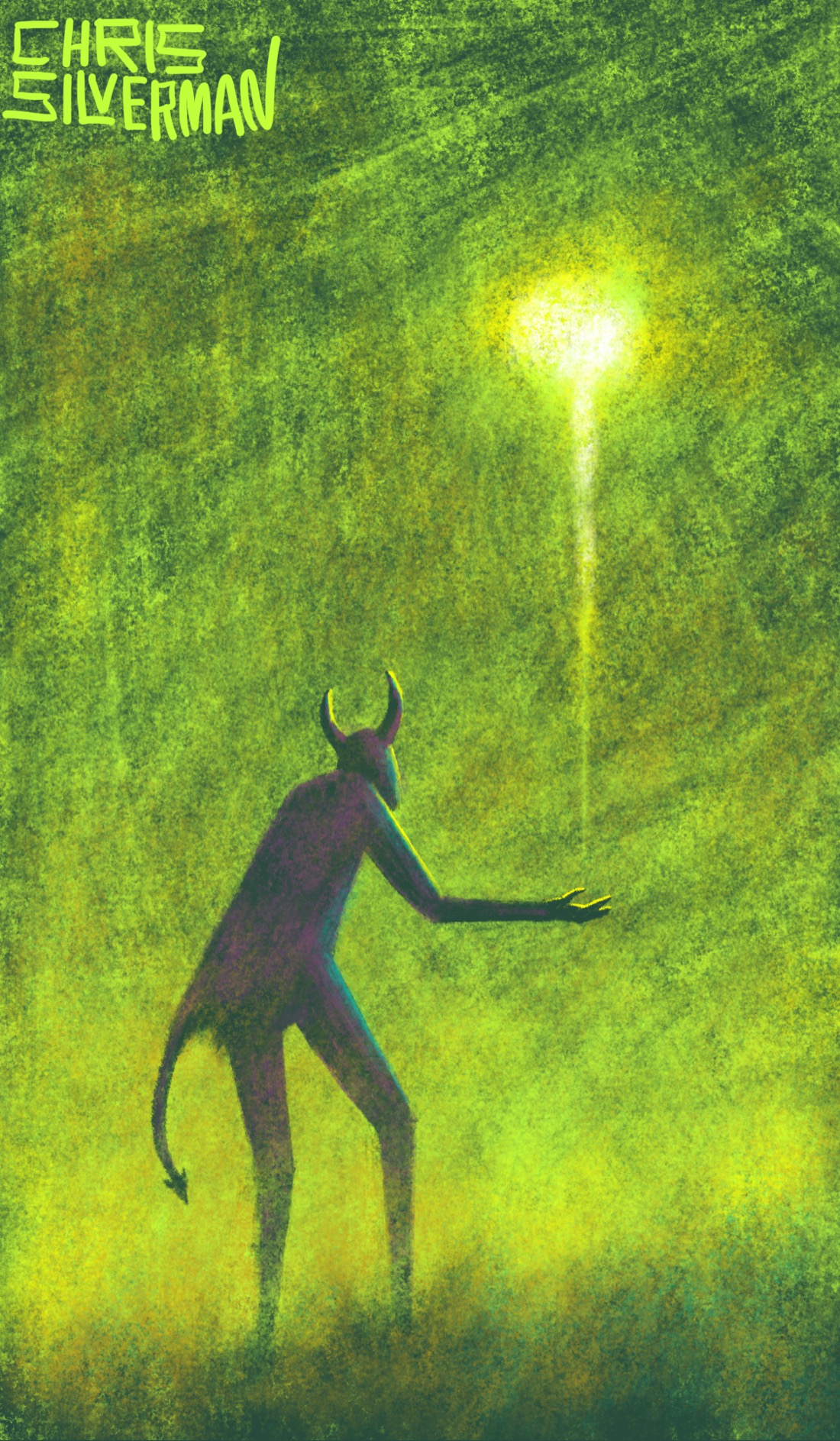 A tall figure with horns and a pointed tail stands in a dark green meadow under a greenish-yellow sky. The figure is holding out its hand. Streaking upwards from its hand is a blazing yellow ball of light that hangs in the sky like a sun. The painting is signed "Chris Silverman".