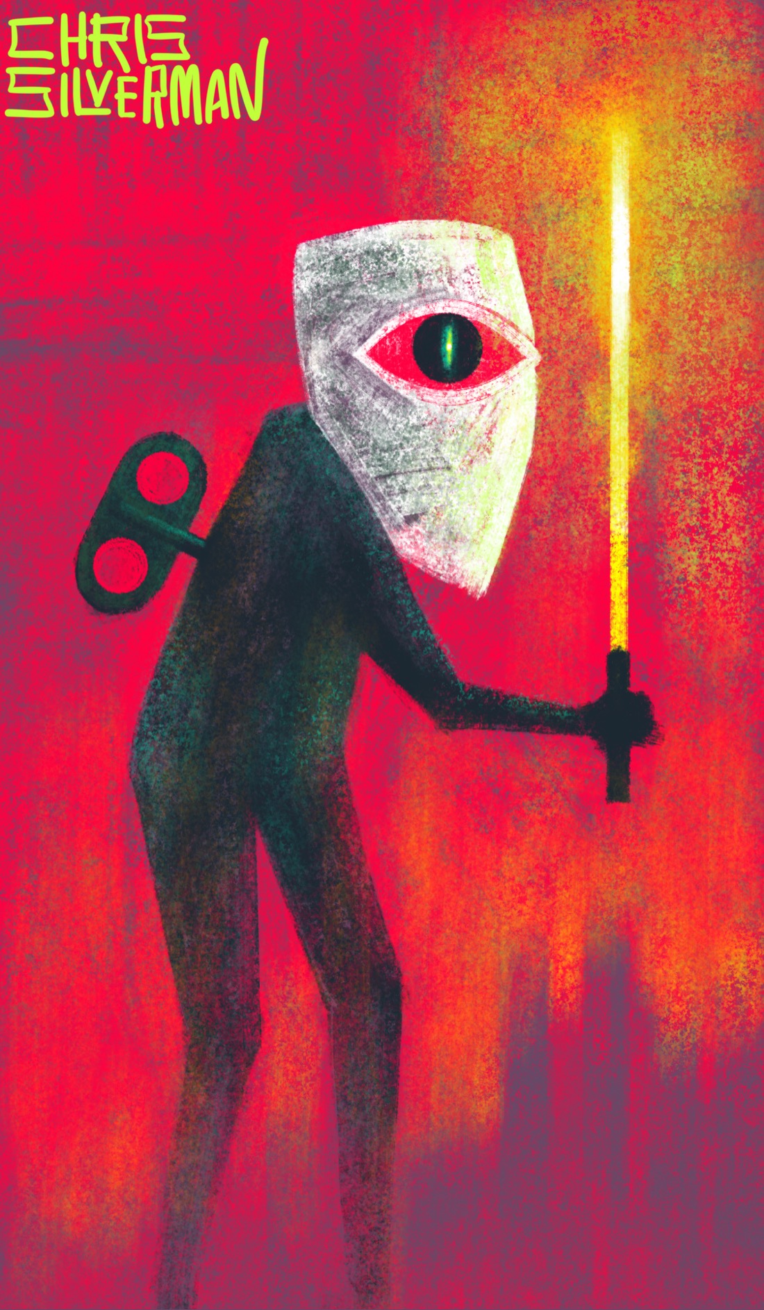 A strange figure stands against a crimson-red sky. The figure is mostly dark, wearing a white shield-shaped mask with a single eyehole and no nose or mouth. The figure is holding a glowing yellow sword that resembles a lightsaber, and has a clock key sticking out of its back. In the background is the blurry purple skyline of a city. The painting is signed "Chris Silverman".
