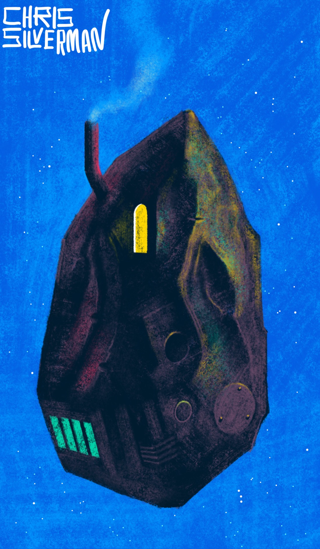 A strange object—somewhere between a boulder, a spaceship, and a rusty machine—hangs in the blue emptiness of a starry sky. The object is roughly obelisk-shaped, with a craggy purple-gray surface that has an iridescent sheen to it. It has a glowing yellow window at the top, and a set of green windows below, and a small, smoking pipe of a chimney on the left. The painting is signed "Chris Silverman".