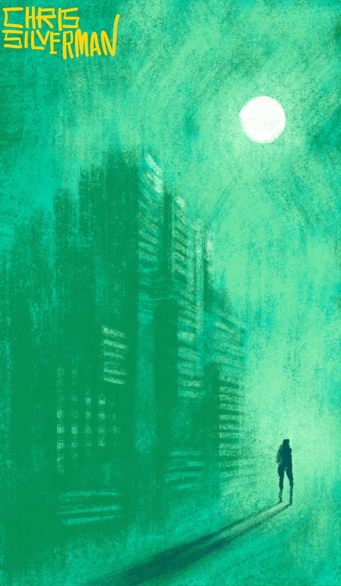 A lone figure walks through an abandoned city street on a pale green night illuminated by a full white moon. On the left, the buildings loom up and away. The street is just an empty space where no buildings are. The painting is signed "Chris Silverman".