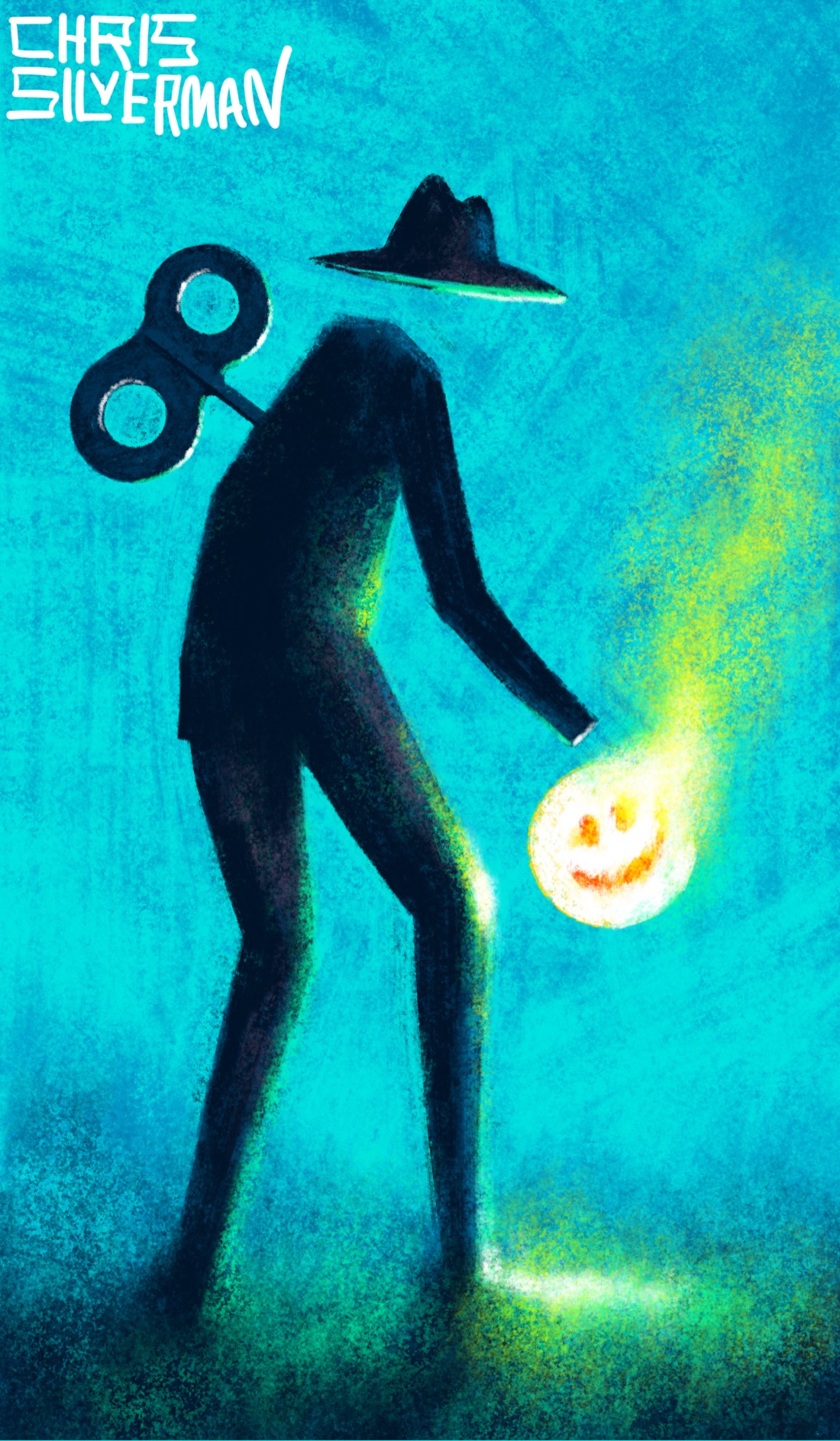 A clear blue evening. Walking alone in the dark is a figure wearing a dark suit and a hat with a brim. The figure is invisible; only its clothes are seen. It has a windup clock key sticking out of its back. In one invisible hand, it is carrying a glowing white smiley-face emoji like a lantern. The emoji has a soft yellow glow around it and is giving off yellow-green smoke. It casts a blazing greenish-white glare on the ground. The painting is signed "Chris Silverman".