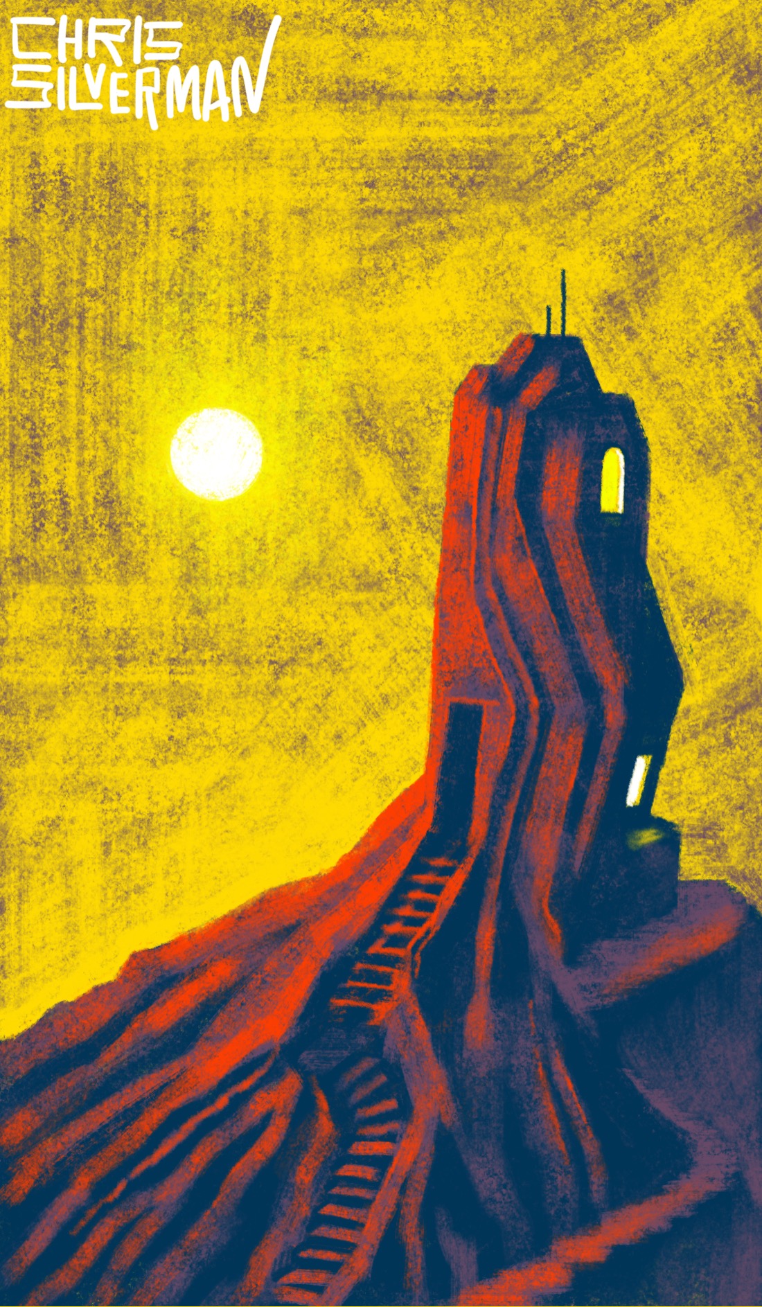 A craggy mountain peak, cast red in the late afternoon sun. At the very top of the peak, appearing to grow out of it as the trunk of a tree might emerge from roots, is an odd towerlike structure that is clearly a dwelling, but looks more organic than architected. It has a winding staircase leading up to it, a small door, and two glowing windows. A few antennas are placed at the top. A blazing white sun hangs in the yellow sky. The painting is signed "Chris Silverman".