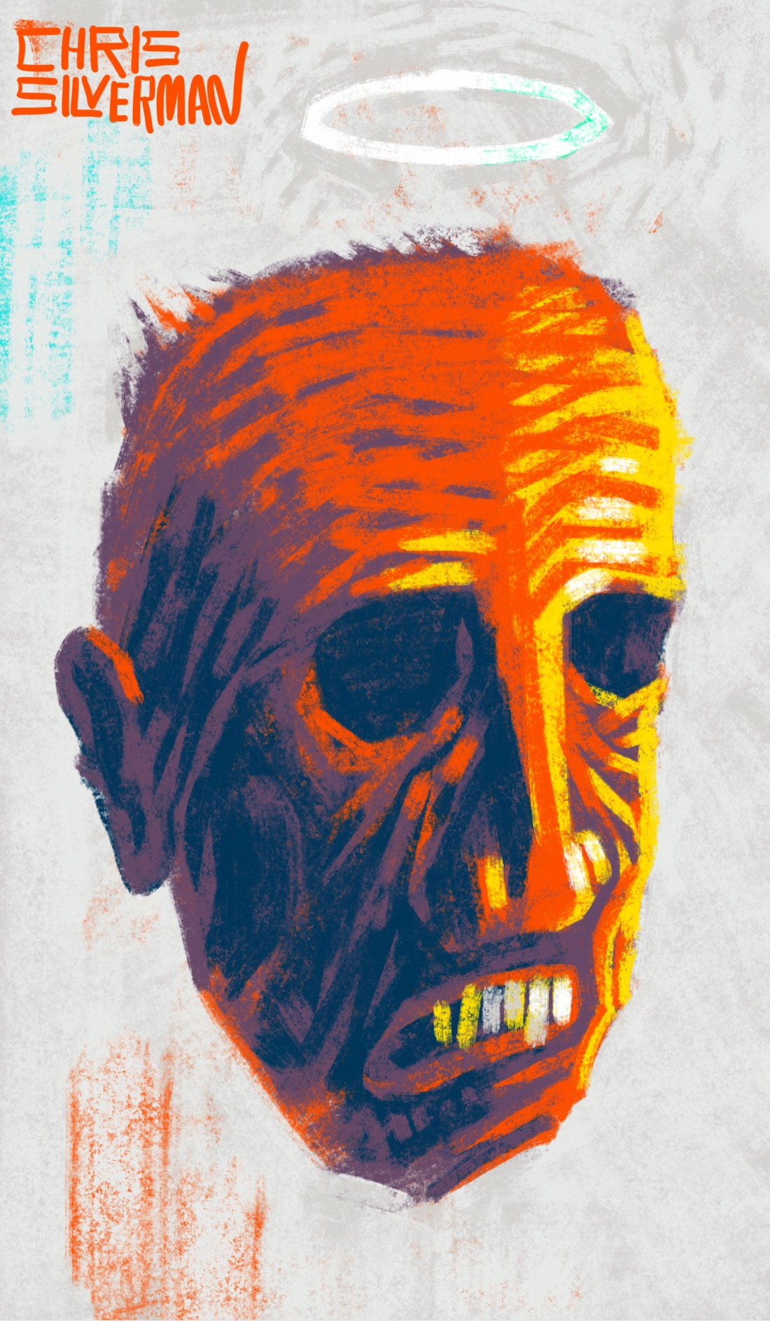 A ghastly, monstrous face; maybe a mask, maybe a monster. The face is garish red, illuminated yellow on the right side, with deep purple shadows on the left. It has a furrowed brow and craggy, heavily wrinkled skin. Its eyes are hollow and empty, and its mouth is sagging open, revealing a chaotic series of long teeth. Above its mostly hairless head is an incongruous white halo. The entire scene is on a gray background. The painting is signed "Chris Silverman".