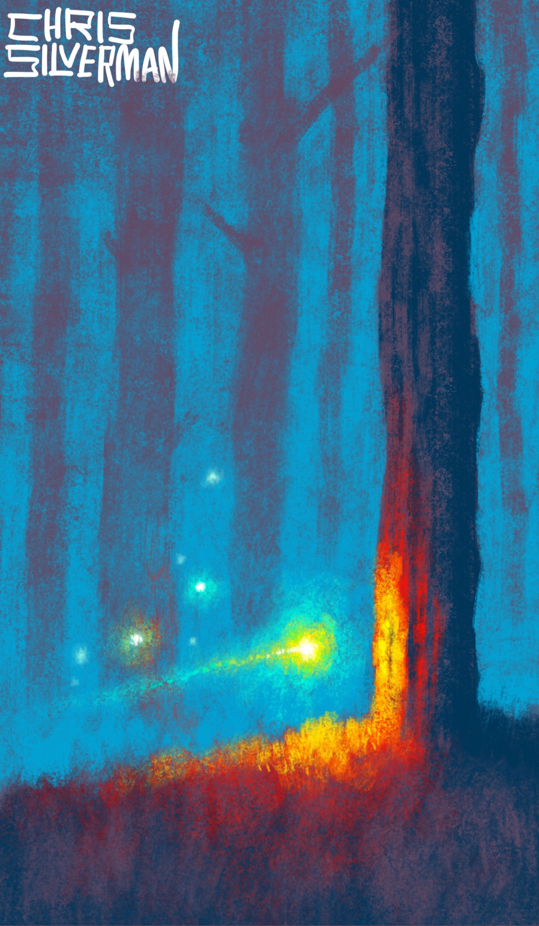 A dim forest: evening-blue background, tall purple trees looming out of the fog. In the foreground is a ground of dark grass and the trunk of a huge tree. Hovering at the base of the tree is a glowing yellow orb, a trail of light behind it. The light it casts turns the trunk a yellowish-red. In the background are a few other, dimmer orbs. The painting is signed "Chris Silverman".