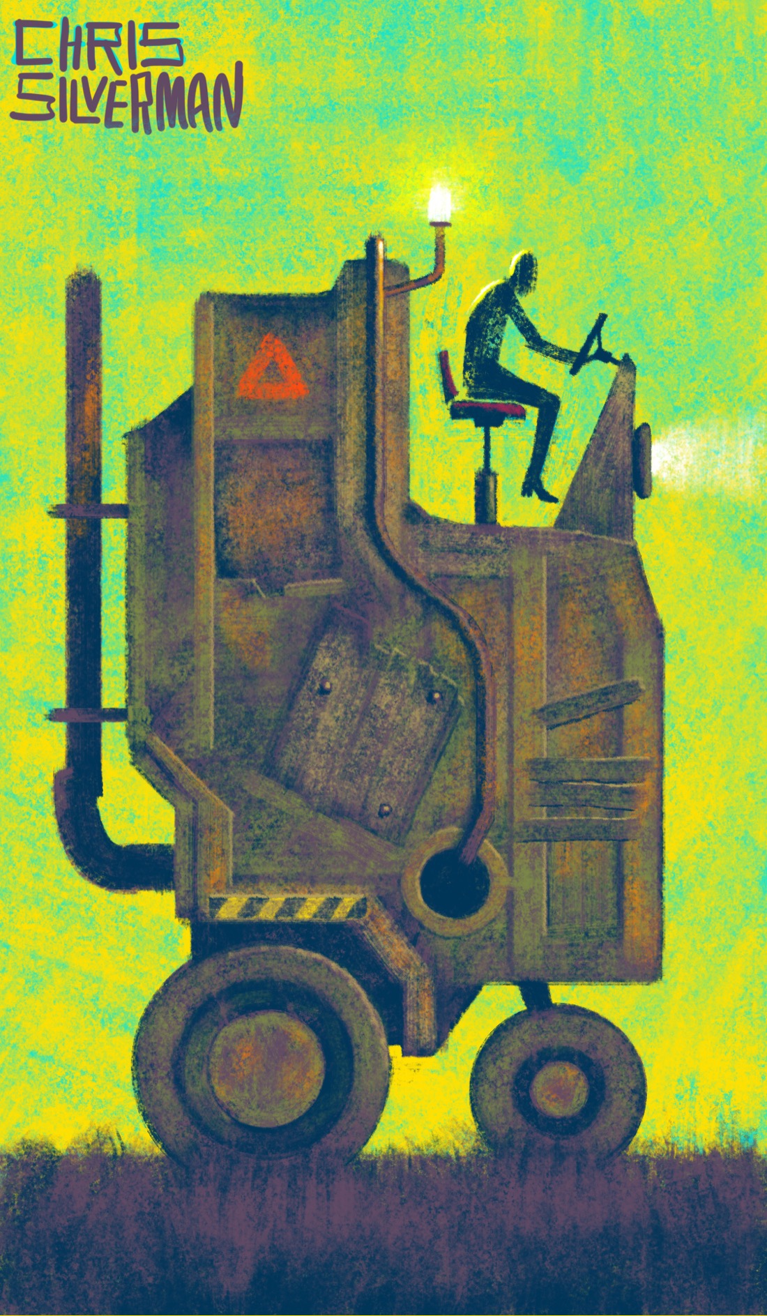 A person drives a bizarre contraption that looks like it is one bump in the road away from collapsing into a pile of rusty parts. The vehicle has four wheels like a car, but the front is slightly smaller than the rear. It is taller than it is long, with an open cockpit like a tractor and a heavy, L-shaped body. It looks like something between a farm machine and  a zamboni. The body is a dull rust-covered greenish brown, complex with beams, pipes, and patches. A red warning triangle is painted at the top; a yellow and black hazard strip is along one fender. It has a smokestack-like tailpipe, a glowing white light mounted on a pipe, and a headlight. The sky is a greenish-yellow; the ground is dark and shows evenly mowed grass. The painting is signed "Chris Silverman".