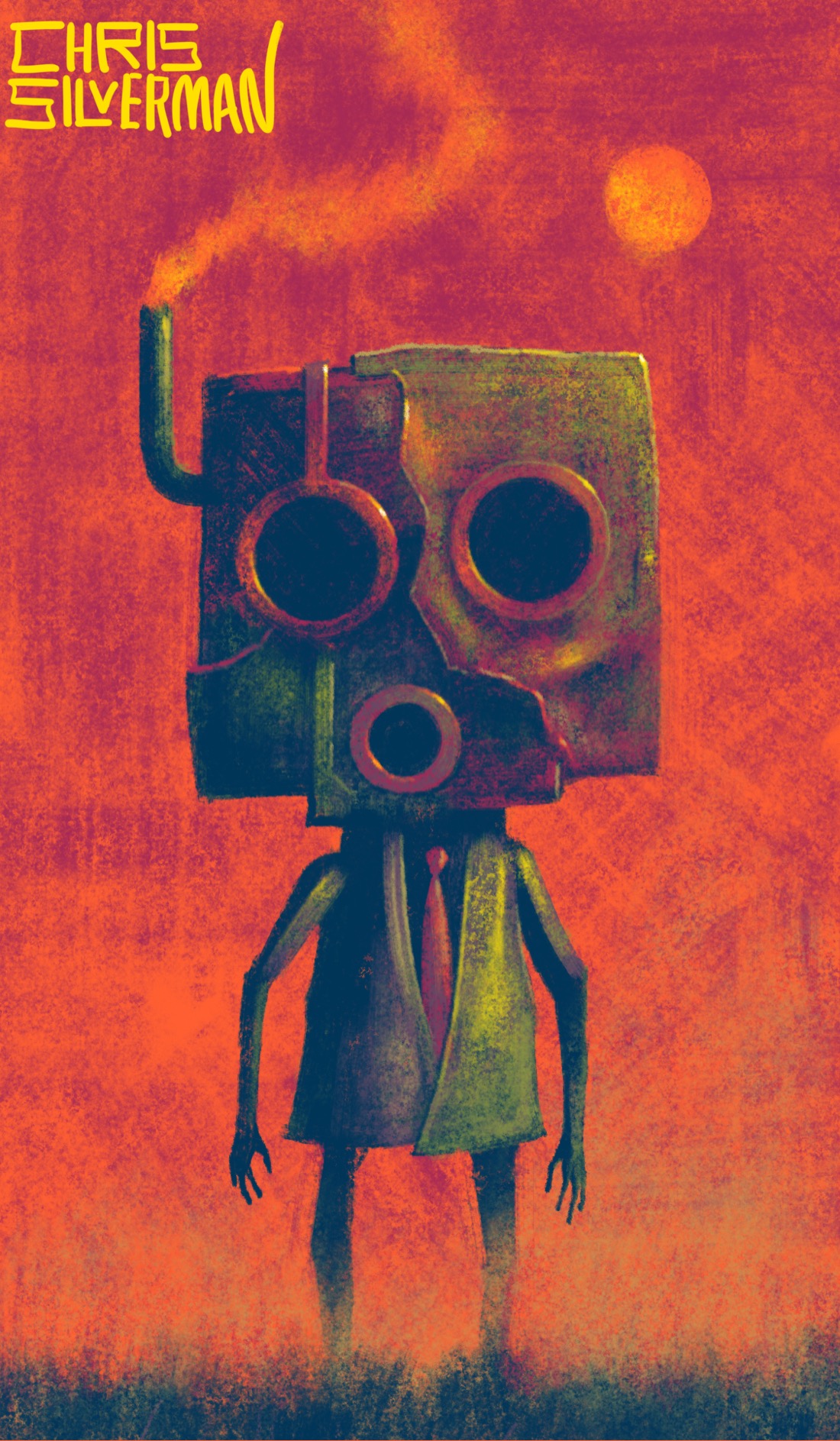 A small, strange figure wearing a metallic suit and giant mask stands against a reddish sky. The mask is a dull reddish-brass color, square, and made from several ragged chunks of metal welded together. It has two round holes for eyes and a smaller hole where the mouth would be. Each hole is very precisely machined, with a bezel around it. Sticking out of the right side of the mask is a small smoking chimney that looks like a snorkel tube. The figure's suit is also a tarnished brassy gold. Its arms are oddly long and thin, suggesting either a robot or an insect. A dull orange sun hangs in the sky. The painting is signed "Chris Silverman".