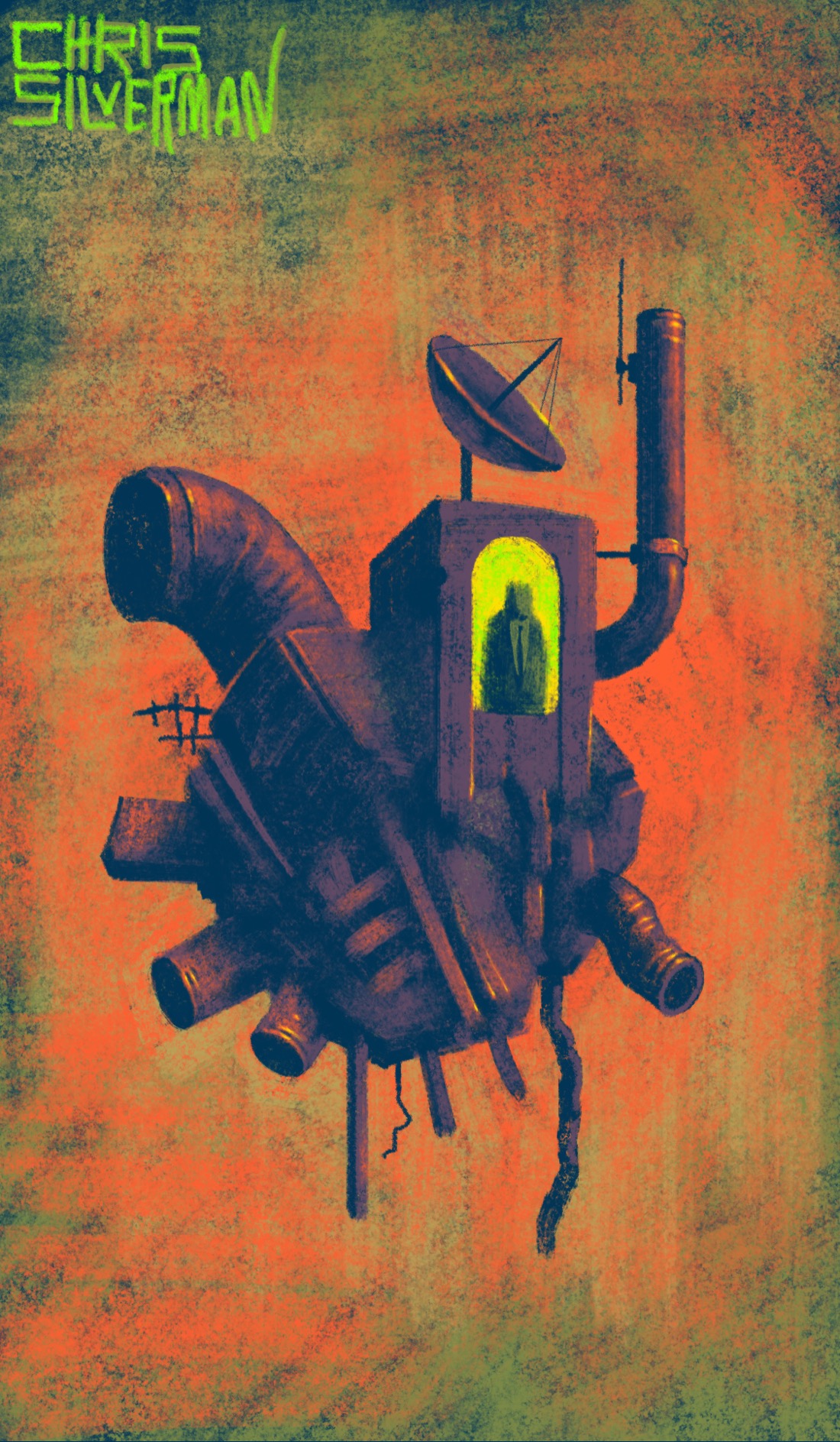 A bizarre, dark-colored chunk of something hangs in a dismal drab-green and orange vacuum. The something looks like a large fragment of a building or infrastructure; maybe several fragments combined. It has numerous pipes and beams sticking off it at odd angles. Part of it is a large boxy chunk that contains a glowing yellow-green arched window. A figure wearing a suit and tie stands in the window, looking out. Attached to the left side of the box is a tall smokestack. A dish antenna is on top of the box. The painting is signed "Chris Silverman".