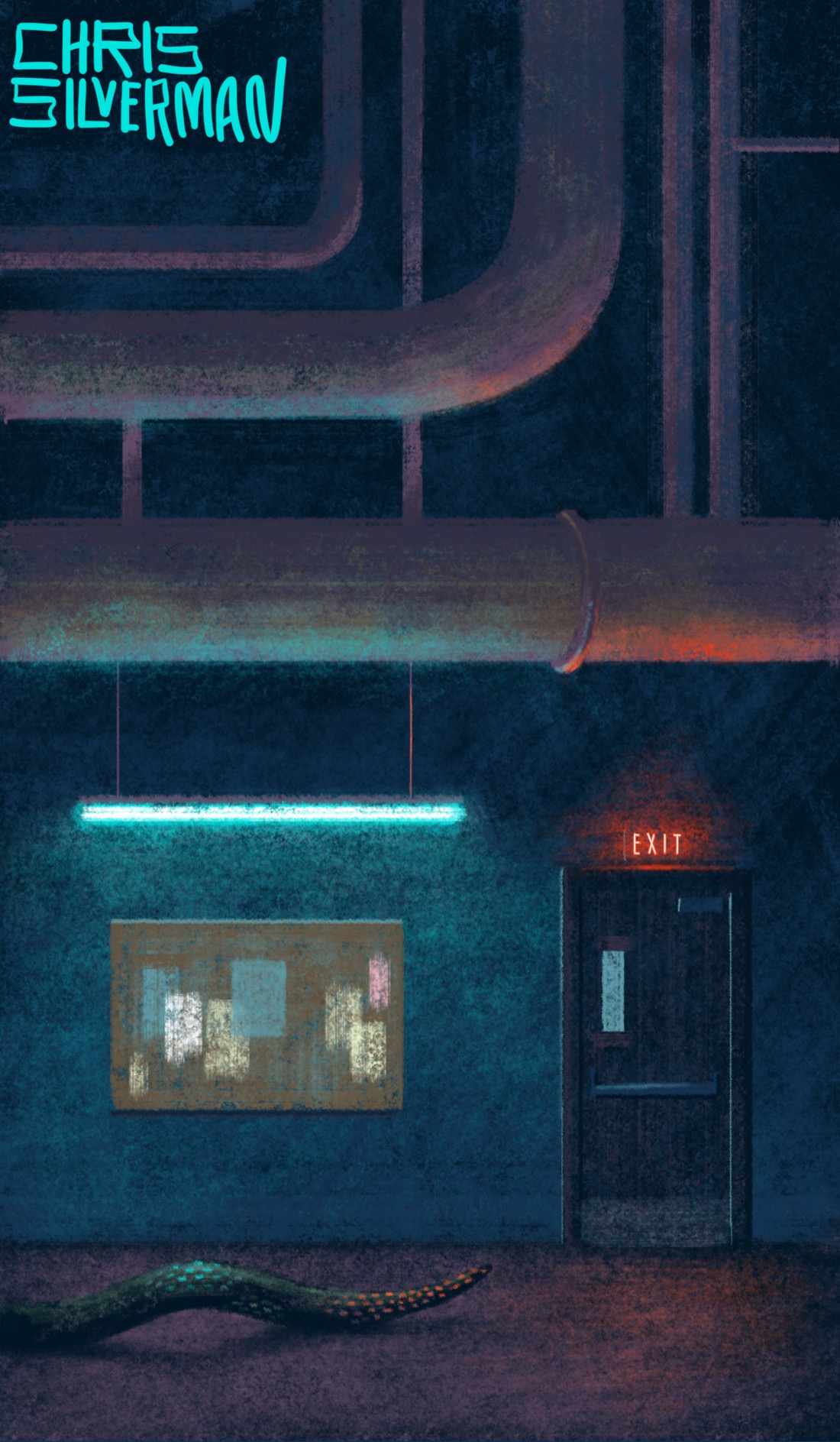 A dim hallway; something one would find in the basement of a huge building at night. A complex network of enormous dull-colored pipes stretches from one side of the scene to the other. Suspended below the pipes is a long white-green fluorescent light casting a pallid glare over everything. Below the light is a brown bulletin board with scraps of various pastel-colored papers attached to it. To the right of the board is a door with a glowing red "Exit" sign above it. The hallway itself has a colorless, possibly burgundy carpet—the kind of soulless decor one finds in underconsidered public spaces. Snaking along the floor, halfway out of the frame, is a creature. The only visible part of the creature is a long greenish tail with patches of symmetrically patterned red and blue dots that look bioluminescent. The painting is signed "Chris Silverman".