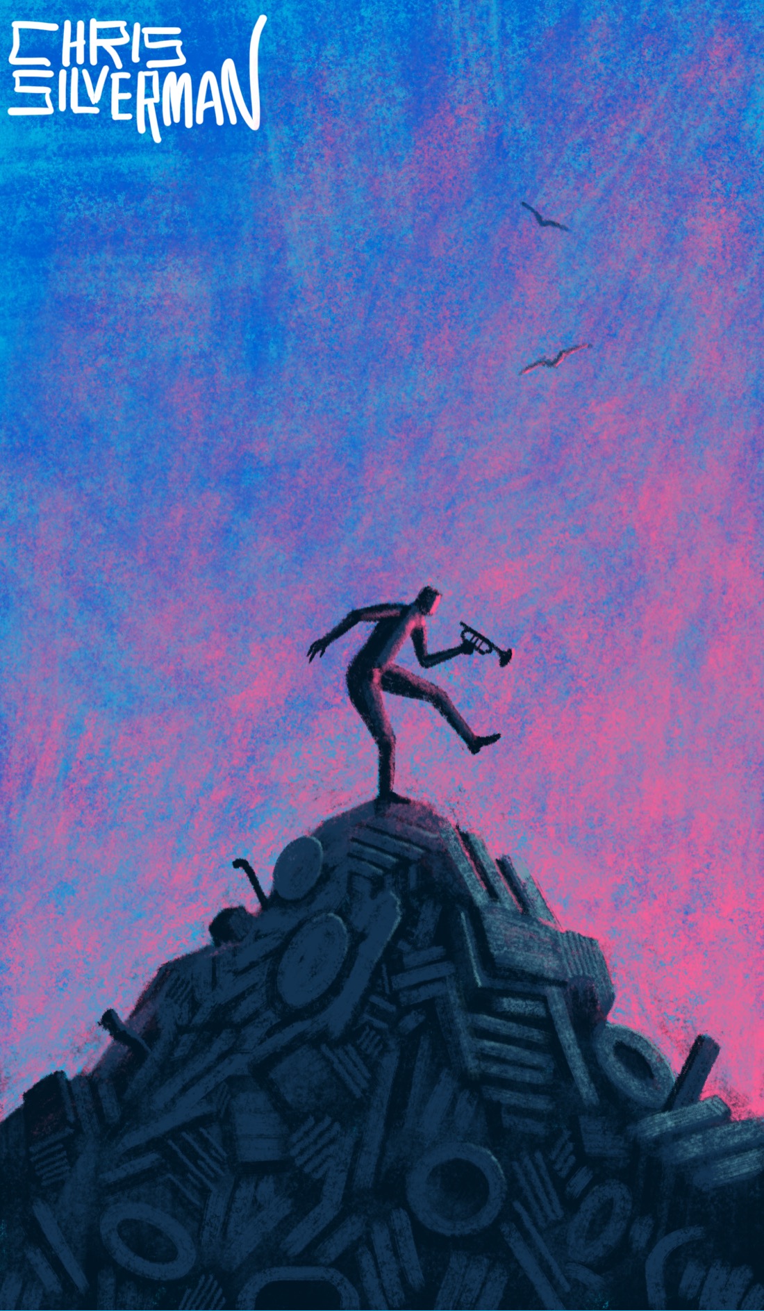 A person dances on a giant gray mound of garbage, the sort of thing you'd see in a landfill: a colorless mountain of unidentifiable objects. The person is holding a trumpet. The sky is pink on the horizon and blue above. Two birds circle in the sky. The painting is signed "Chris Silverman".
