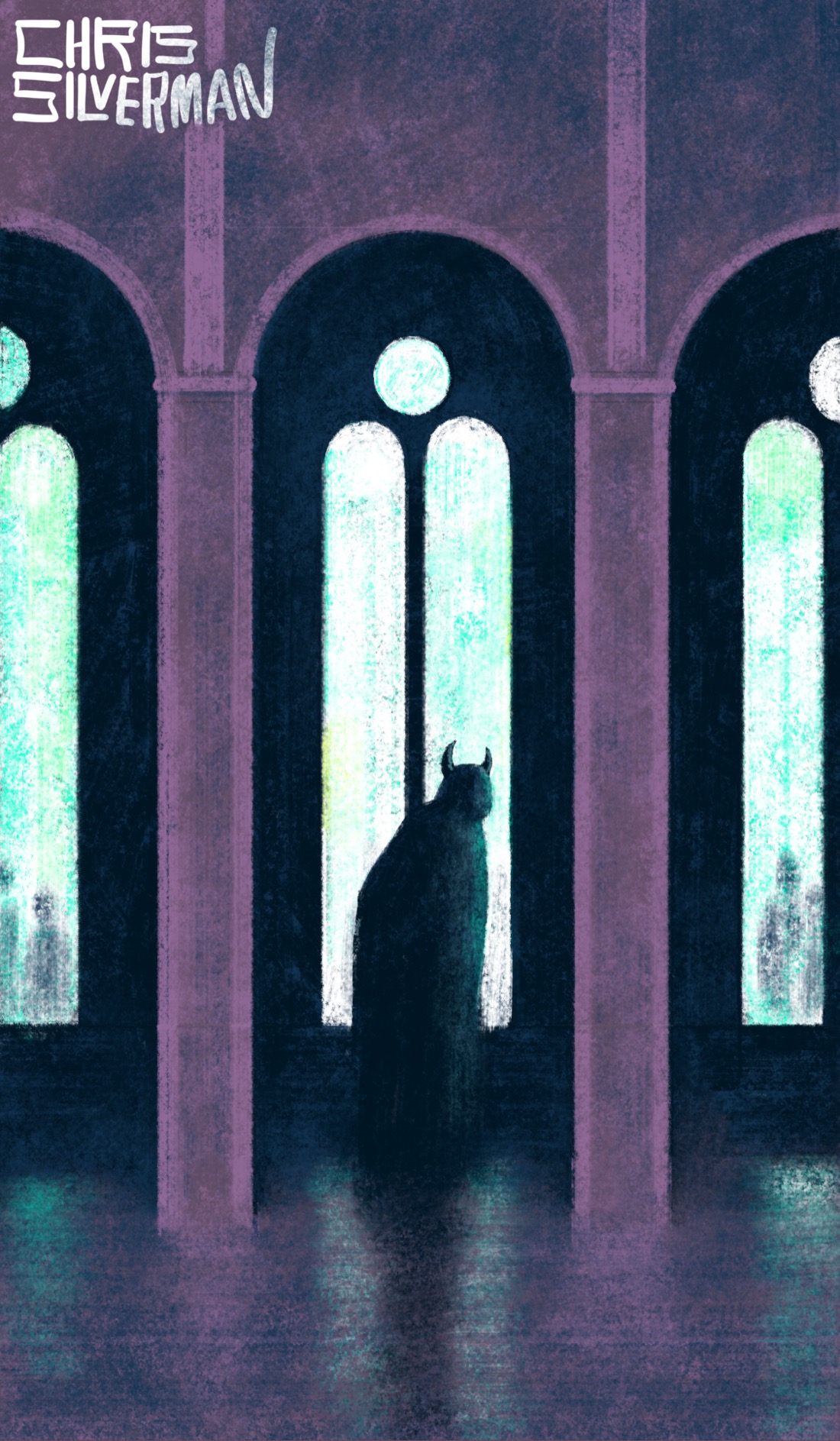 The interior of a church or cathedral: a hallway, tall arches, and tall windows with arched tops glowing white in a darkened area. The light from the windows reflects dully off the shiny floor. The walls and floor are the dull grayish-pink of stone in shadow. Dimly visible through the windows are the shapes of what looks like a crowd gathered outside. Inside, mostly silhouetted in the glare of the window and peering back, is a large, slightly hunched figure with horns. The painting is signed "Chris Silverman".