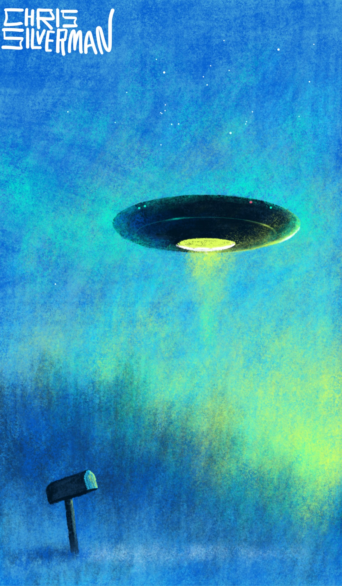 A clear blue sky, with a few stars visible, sometime around dusk or dawn. In the background is a blurry treeline, with a yellow-green glow about it. In the foreground is a small dark mailbox in the middle of a grassy area. Hovering in the sky above is a vast black UFO. A circular hatch is open underneath it, revealing a glowing green interior. The UFO is surrounded by an eerie glow. The painting is signed "Chris Silverman".