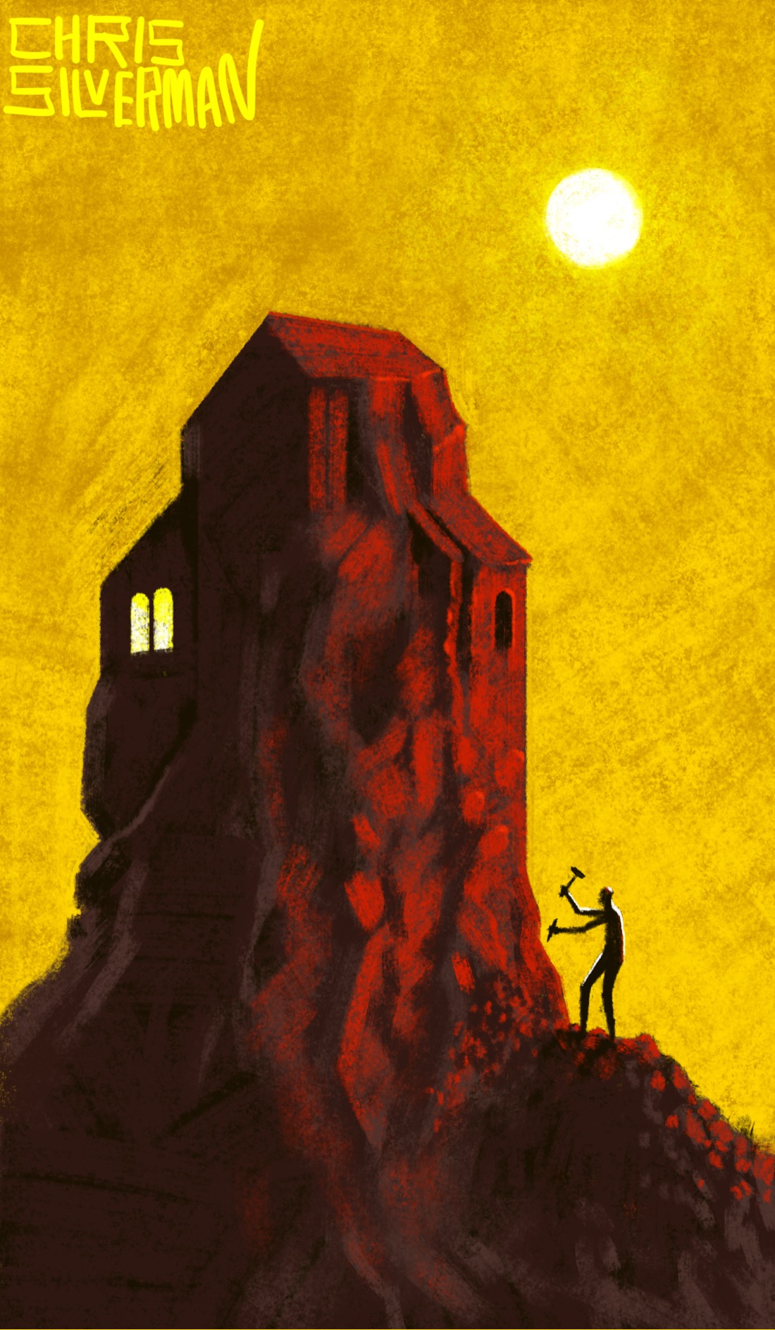 A person stands in front of a large, misshapen stone house, chipping away at it. On closer inspection, the person appears to be carving a house out of a tall pillar of rock. The sky is yellow, a blazing white sun in the middle of it, and the rock is reddish. The building has a few windows, two of which are already illuminated. The person stands on a large mound of rocky debris, hammering away. The painting is signed "Chris Silverman".