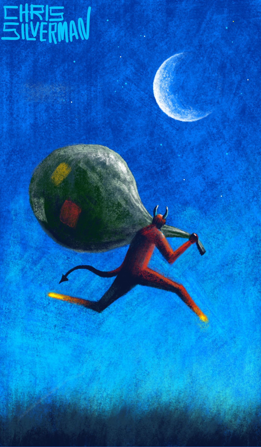 A red devil with horns and a pointed tail bounds over the ground on a clear blue starry night. The devil is carrying an enormous sack with a few red and yellow patches applied to it. The devil's hooves glow reddish-yellow. A large white crescent moon hangs in the sky. The painting is signed "Chris Silverman".