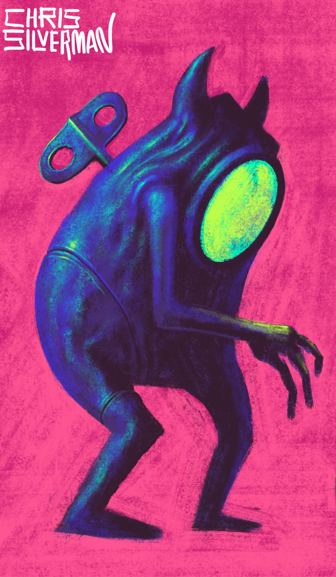 A figure wearing an indigo-colored full-body suit. The suit is wrinkled, looks sort of rubbery, and has an iridescent greenish sheen to it. The figure, though humanoid, does not look human, with long, thin arms and long, thin fingers. The suit—or maybe the creature inside it—has two pointed horns. Where the face would be is a circular faceplate, glowing green. Sticking out of the figure's back is a metallic clock key. The background is a hot pink. The painting is signed "Chris Silverman".