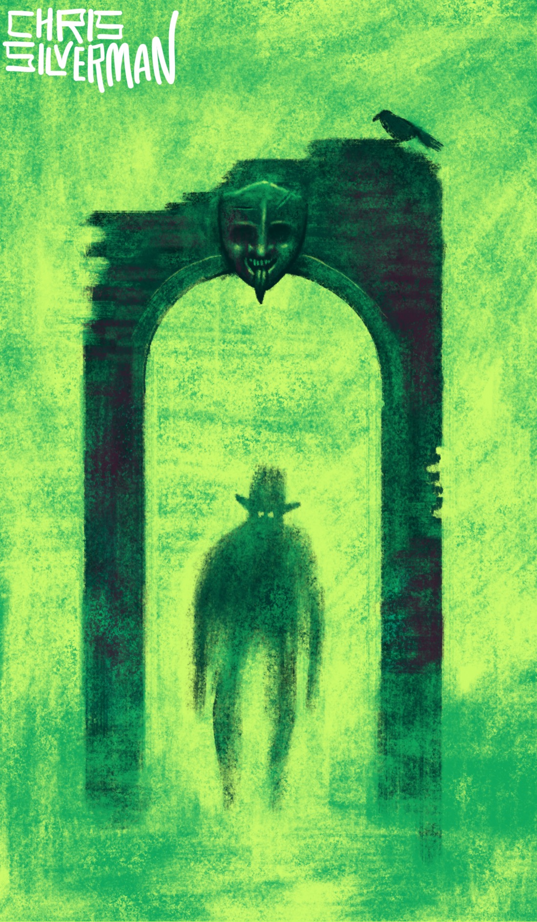 An eerie green world. A tall, crumbling stone arch rises up from the ground, like the one doorway left after the rest of the house vanished. Above the archway, in the center, is a mask-shaped stone face, eyes in shadow, mouth stretched into an unpleasant smile. The mask is revealing teeth and sticking out a long pointed tongue. Sitting on the top right corner of the arch is a raven. Walking under the arch is a strange figure: arms a little longer than they ought to be, the outline of a top hat, and two glowing eyes. The figure is silhouetted, so not much in the way of details can be seen. This is an entirely green painting, signed "Chris Silverman".
