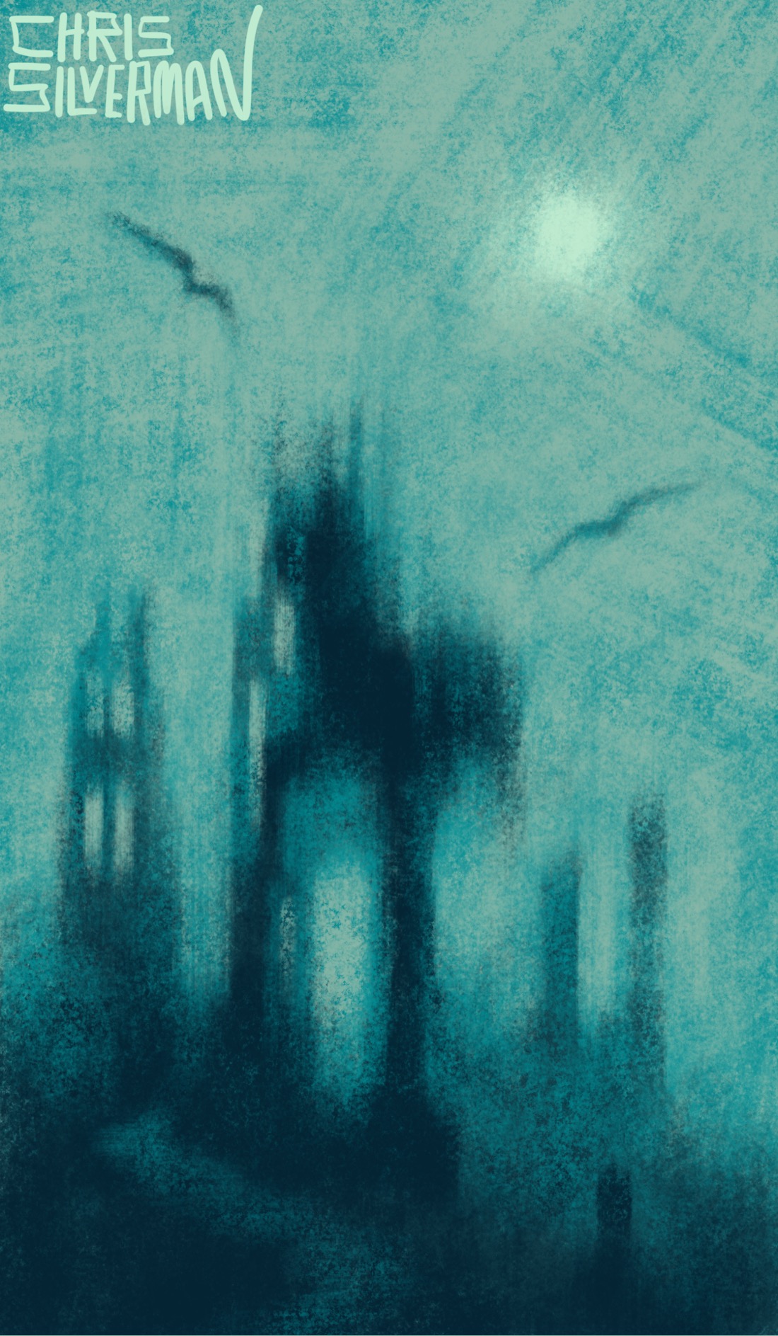 A strange, blurry landscape with the ruins of buildings. This is a dull blue-green world that looks as though it is underwater: misshapen hulks of walls and columns and the vague ghost of a road running between them. A dim light spot in the top right of the sky suggests a sun, and two huge birds circle about it all. The painting is signed "Chris Silverman".
