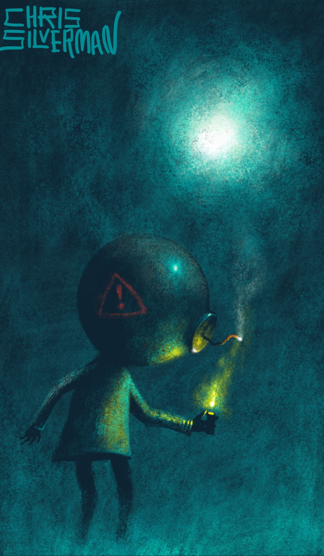 A dark night, with a glowing green celestial body—a moon? an orb? a ball of white light surrounded by a greenish glow—in the top right. Below it, knee deep in greenish fog, is a small figure. The figure has a large shiny spherical bomb for a head. The fuse is where its face would be, and it is casually lighting the fuse as though lighting a cigarette, the rest of it dimly illuminated by both the yellow flame of the lighter and the blazing white light in the sky. Its head has a faded red stencil of a warning triangle with an exclamation point inside it, in case the risks of the situation were unclear. The painting is signed "Chris Silverman".