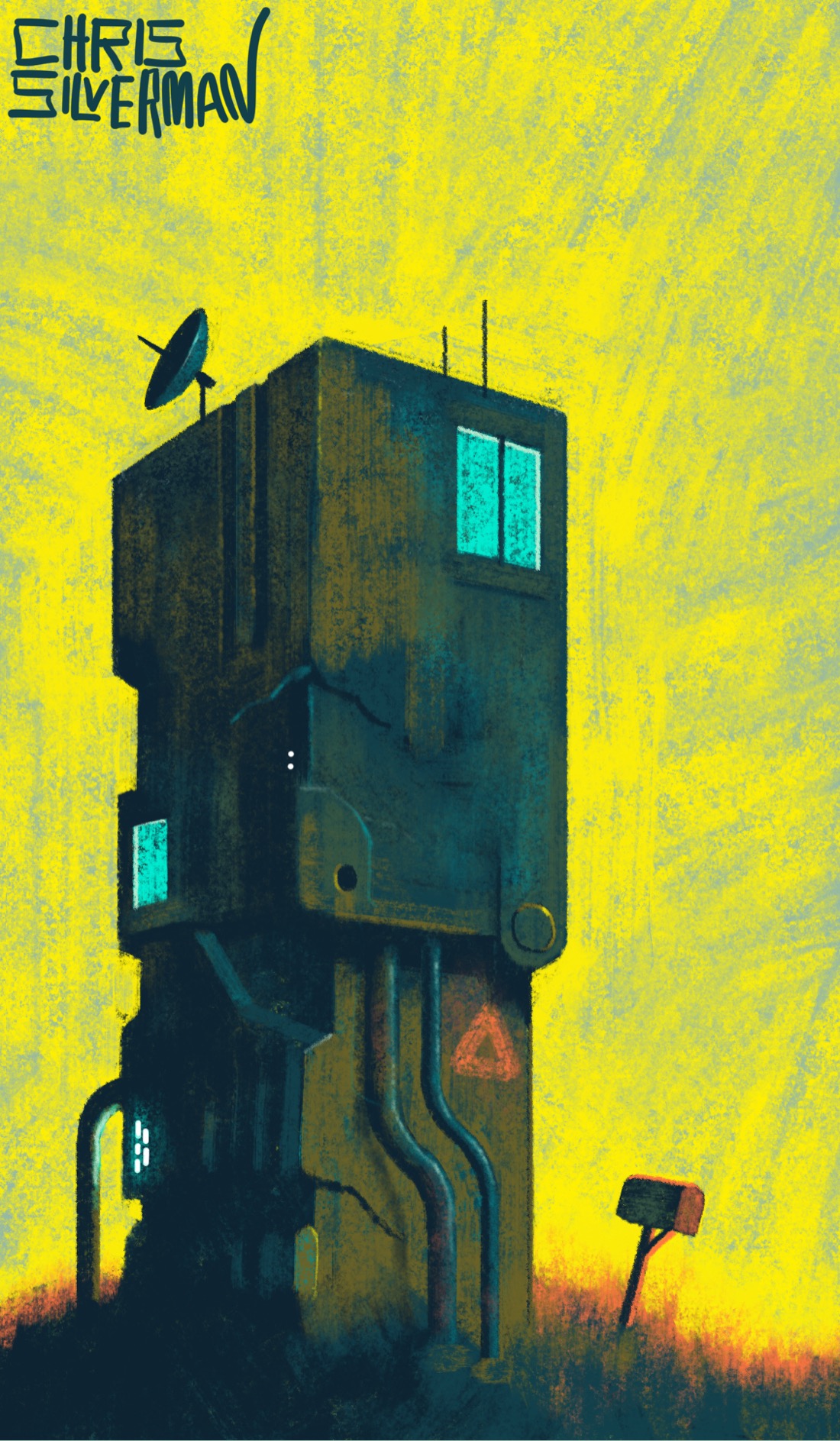 A strange, heavily industrial building stands against a yellow sky. The building is tall—think of two differently-sized file cabinets stacked on each other—and looks more like a machine part or piece of equipment than a dwelling. It is a drab dark gray with a brownish tinge that suggests weathered concrete. The sides have numerous odd crevices, pipes, and striations, with a red triangle that suggests a hazard symbol painted on the right side. It has a few small windows that reveal a blue interior, as well as glowing white LED-esque lights embedded in the side. On the roof are a few antennas and a radio dish. Out front is a small mailbox. The grass around the building is tinged red from the sun. The painting is signed "Chris Silverman".