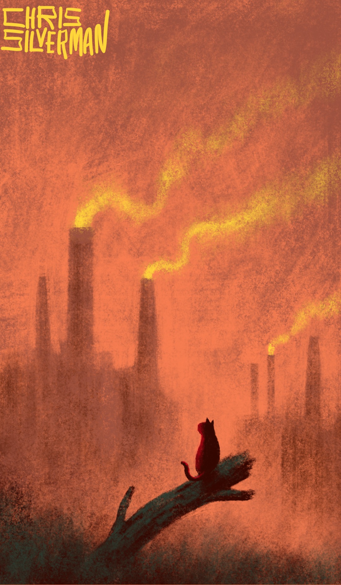 A bleak industrial scene: hulking brownish factories pouring yellow smoke into a dull red sky. In the foreground, a cat sits on a dark, greenish log, observing the scene. The painting is signed "Chris Silverman".