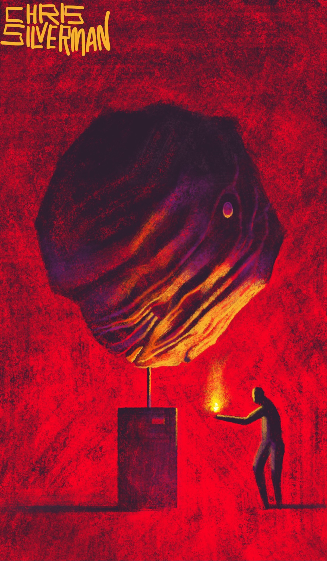 A person stands in a bright red space, holding a yellow flame. Rather than appearing brightly lit, the space feels more like a dark room lit by a fire, with shadows pressing in all around. In front of the person, mounted on a pillar like a sculpture, is a vast and weird object: part asteroid, part machine, with organic folds and striations. The parts of the object closest to the flame glow yellow, fading into red and purple. The painting is signed "Chris Silverman".