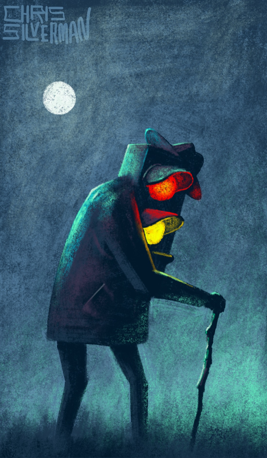 A hunched figure wearing a coat and a hat walks under a gray night sky and a slightly hazy full moon. The figure has a gnarled cane, and might look like an elderly person out for a walk if it weren't for the fact that its entire upper body is a traffic signal, the red and yellow lights blazing. A low fog hangs over the ground. The painting is signed "Chris Silverman".