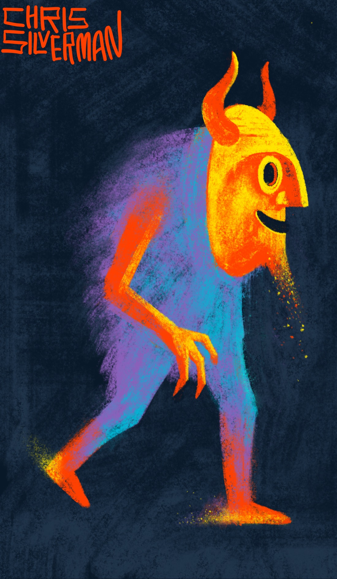 A brightly colored devil figure jogs through the dark. The figure is purple and blue, with a blurriness about the body that suggests speed, fur, or both. Its arms and feet are reddish-yellow; its feet glow with yellow sparks. It is wearing a blazing red-and-yellow devil mask, and the devil's beard is also giving off sparks. The painting is signed "Chris Silverman".