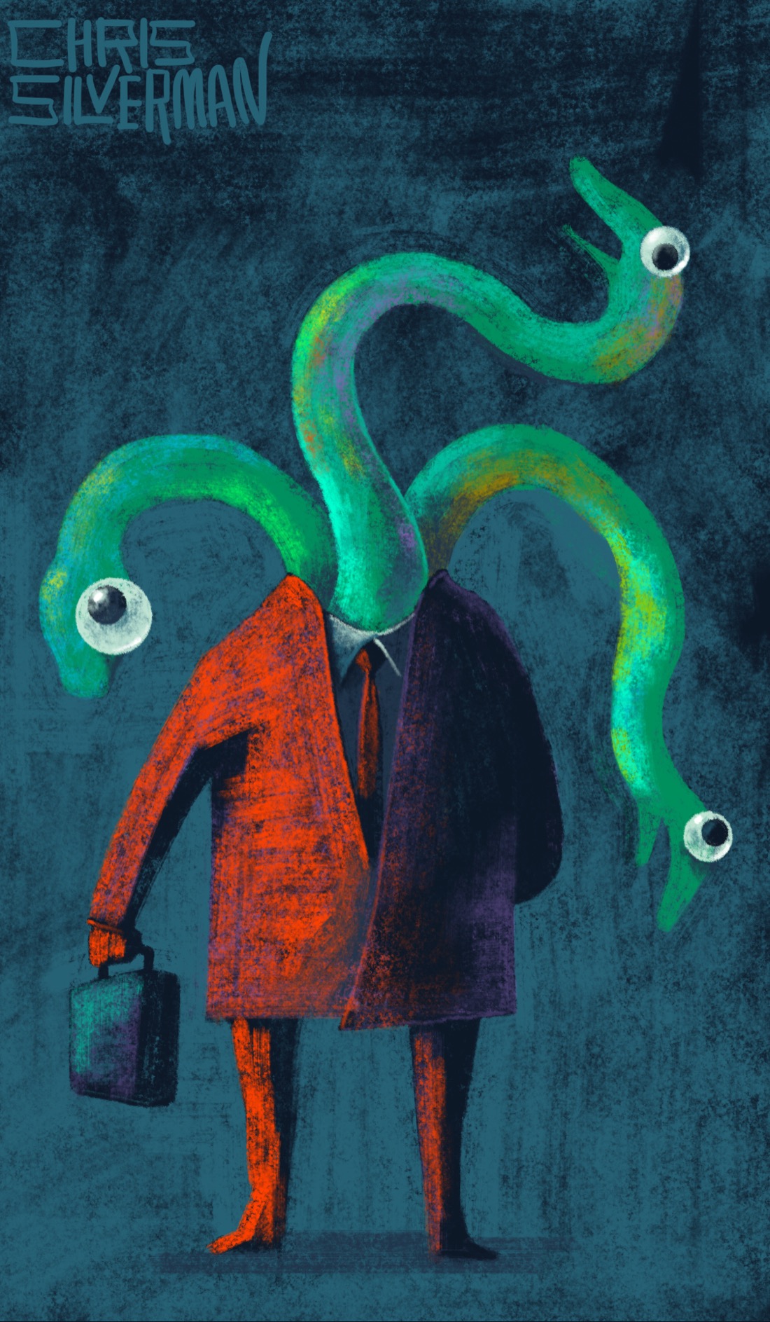 A figure stands in a bleak blue space wearing a bright red suit and tie. The figure's left hand is behind its back, while its right holds a small dull-green suitcase. Where the figure's head should be are three long, powerful serpents. Each one has a haphazardly placed googly eye on its head. The painting is signed "Chris Silverman".