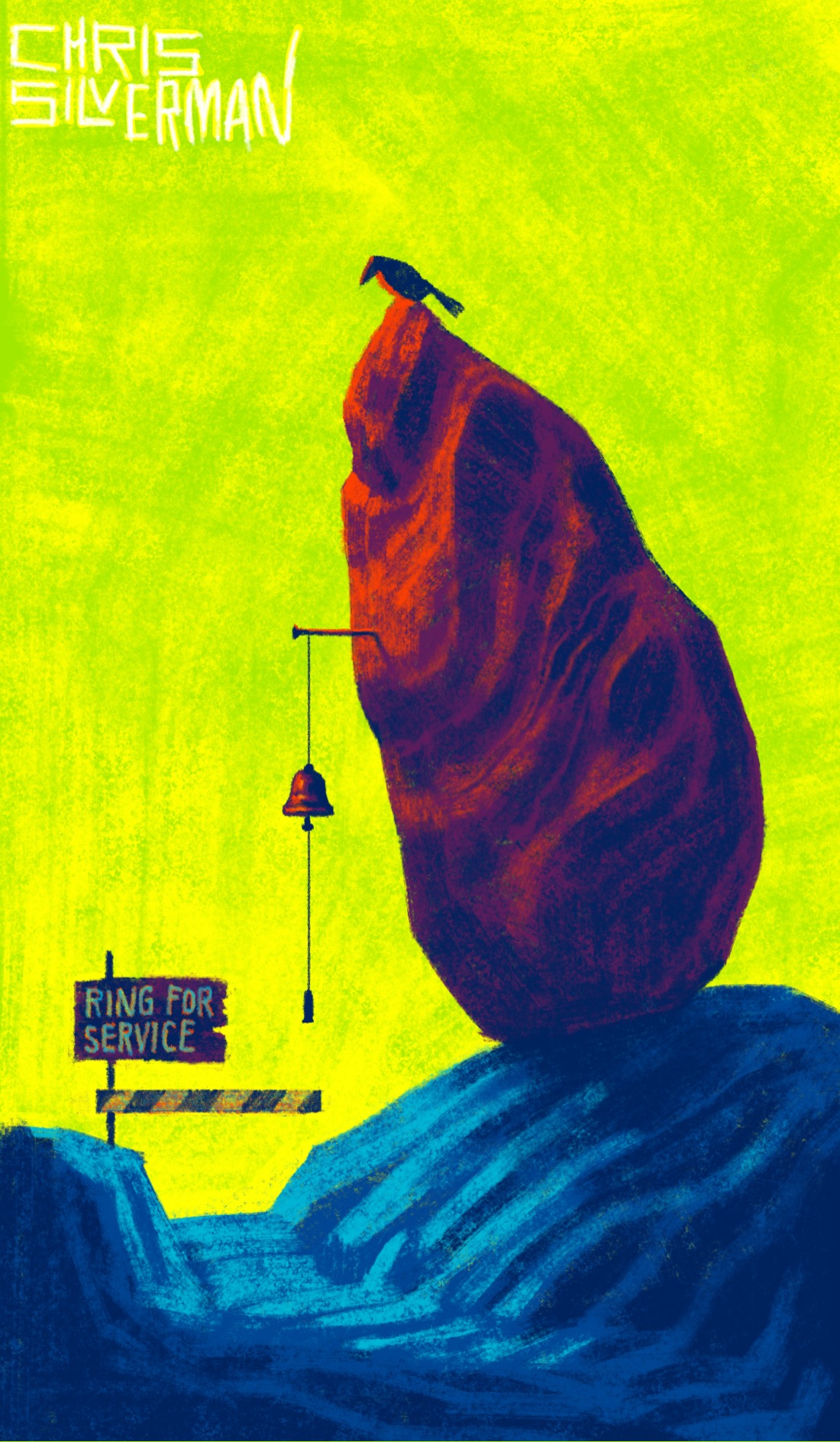 A small, blue, rocky path winds under a blazing yellow-green sky. Up ahead, the path is blocked by a small striped barrier and a dark sign that says "Ring for Service" in blue letters. Hanging to the right of the sign is a cord attached to a bell. The advice is complicated by the fact that the bell is attached to a vast, reddish-purple obelisk-shaped rock looming over the path. The rock is at an angle, and one tug on the cord would likely bring it all the way down. A bored crow sits on top of the rock, waiting for something to happen. The air is heavy with the impending future. The painting is signed "Chris Silverman".