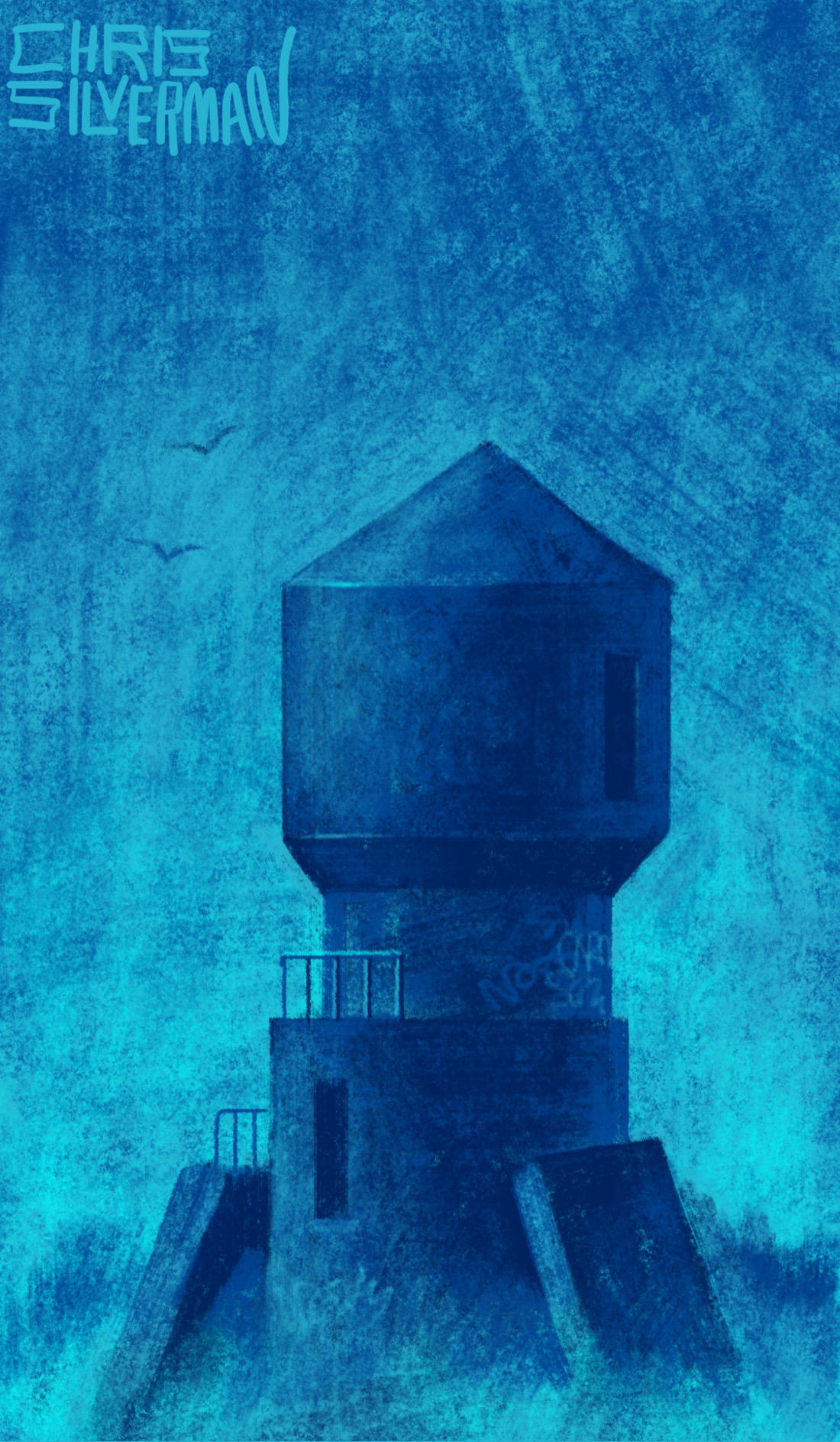 A dull, blue scene: in the foreground, a concrete bunker that consists of a cylindrical base with a tall, slit-like window and a second story that resembles a small round tower with a conical roof. At the top of the first story is a handrail, indicating a narrow walkway. The tower also has a small slitted window. The bunker is decrepit, with a few faded graffiti tags and some crumbling concrete slabs around the base. It sits in a barren, open area with a blurry treeline in the background. There are no signs of life except two birds above it in the otherwise empty sky. The painting is signed "Chris Silverman".