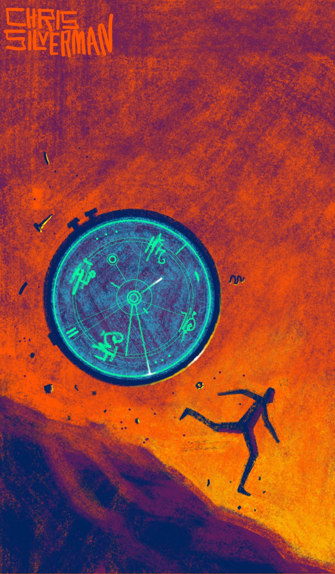 A blazing red sky, yellow at the horizon, and a rocky purplish hill sloping sharply to the right. Hurtling down the hill is a very large, round object that looks like an alien pocketwatch: dark blue, with glowing green characters and lines on its face, and several lines that look like clock hands. Barely managing to stay in front of it is a person about half the size of the watch. The painting is signed "Chris Silverman".