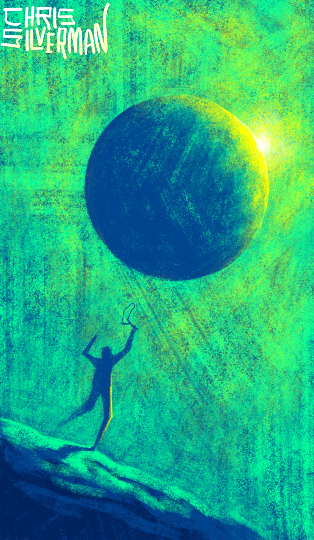 An eerie green sky, dominated by a giant dark planetlike sphere. The sphere is partially obscuring a blazing white sun, and the right side of the sphere is illuminated with greenish-yellow light. On the ground, a small figure stands on a dark, rocky slope. The figure is holding up a slingshot that it has just fired, as though the giant sphere eclipsing the sun was the projectile. The painting is signed "Chris Silverman".